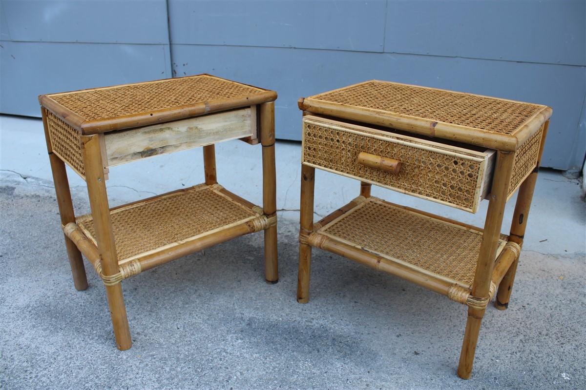 Pair of Italian Bamboo and Straw Night Stands with Drawer Midcentury Shelf For Sale 2