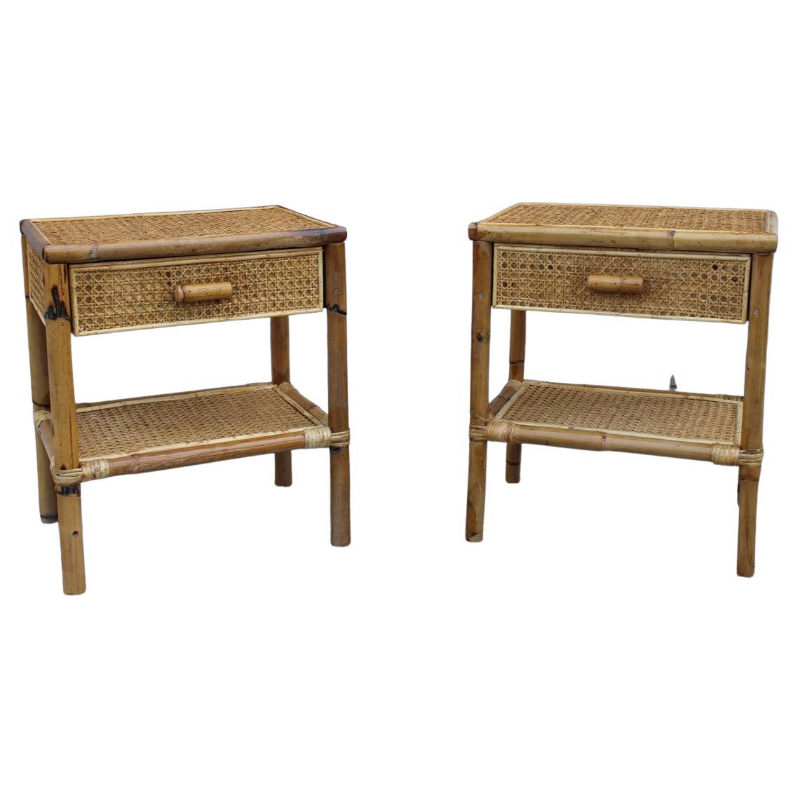 Pair of Italian Bamboo and Straw Night Stands with Drawer Midcentury Shelf For Sale
