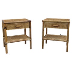 Pair of Italian Bamboo and Straw Night Stands with Drawer Midcentury Shelf