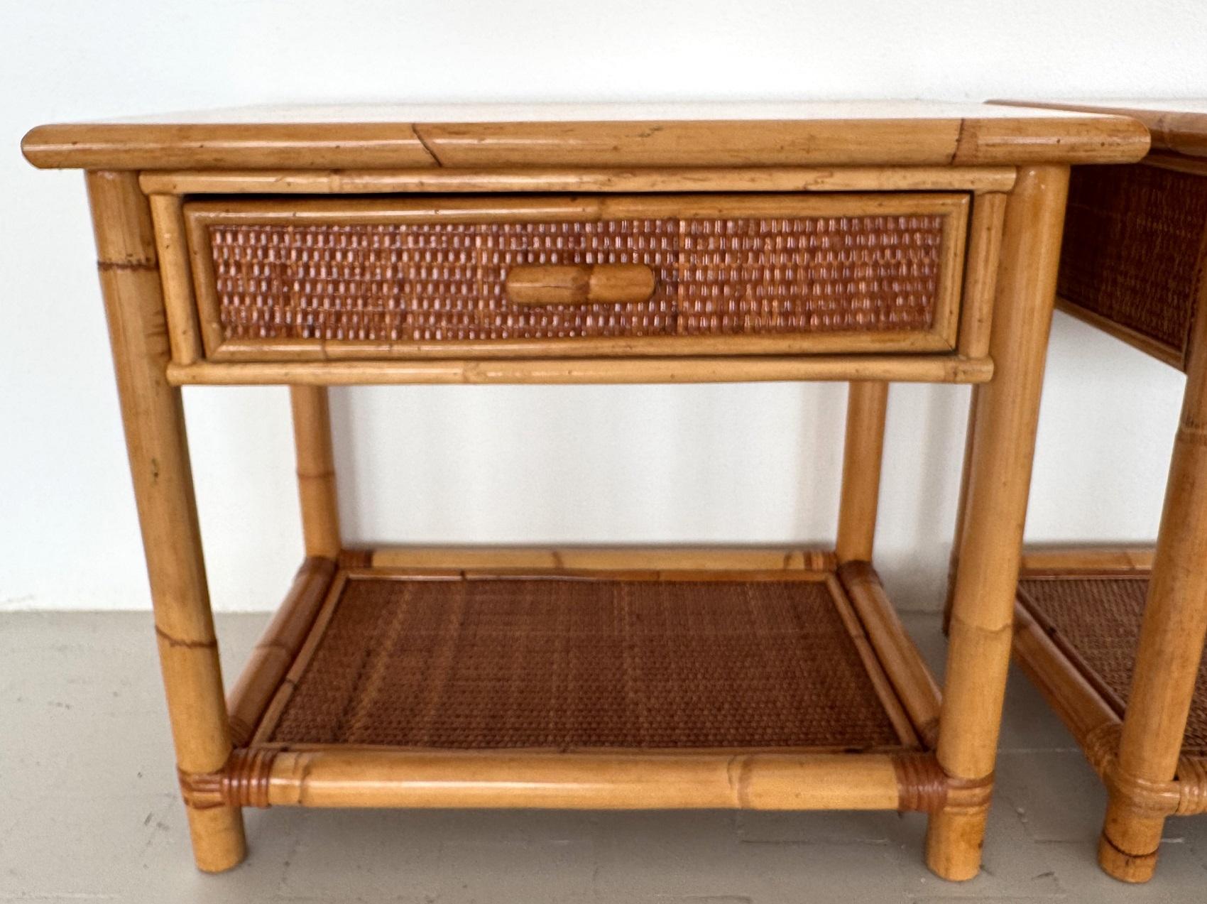 Pair of Italian Bamboo and Wicker Bedside Tables with Drawer and Shelf, 1970s For Sale 5