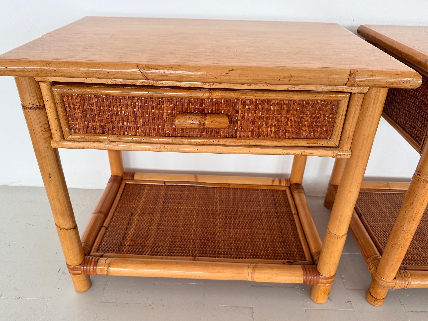 Pair of Italian Bamboo and Wicker Bedside Tables with Drawer and Shelf, 1970s For Sale 6