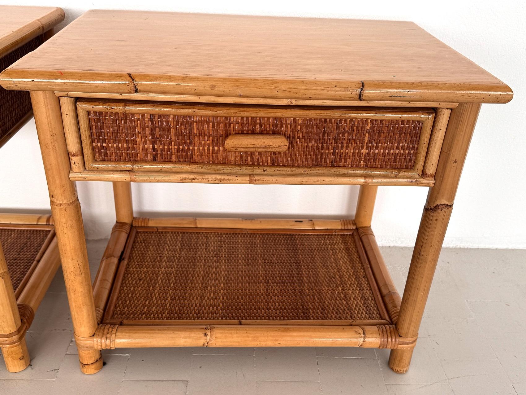 Pair of Italian Bamboo and Wicker Bedside Tables with Drawer and Shelf, 1970s For Sale 7