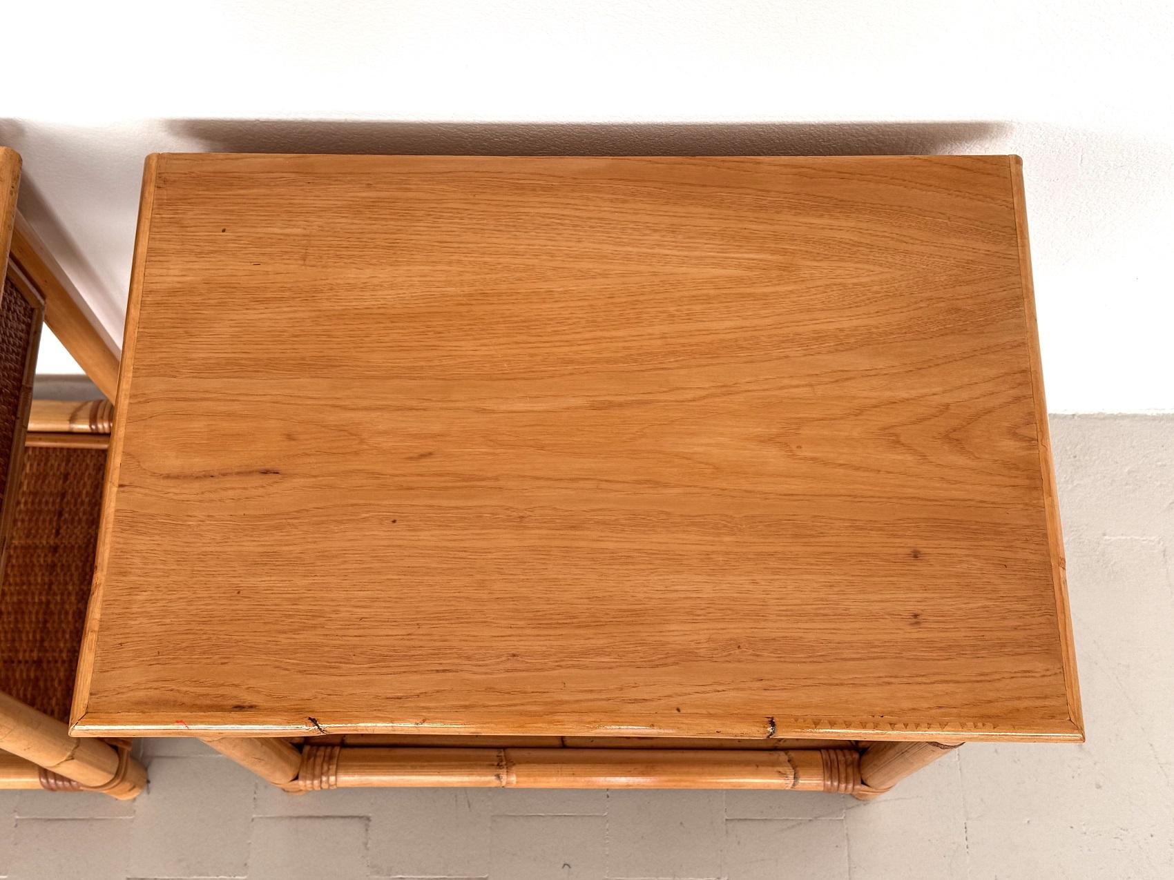 Pair of Italian Bamboo and Wicker Bedside Tables with Drawer and Shelf, 1970s For Sale 8