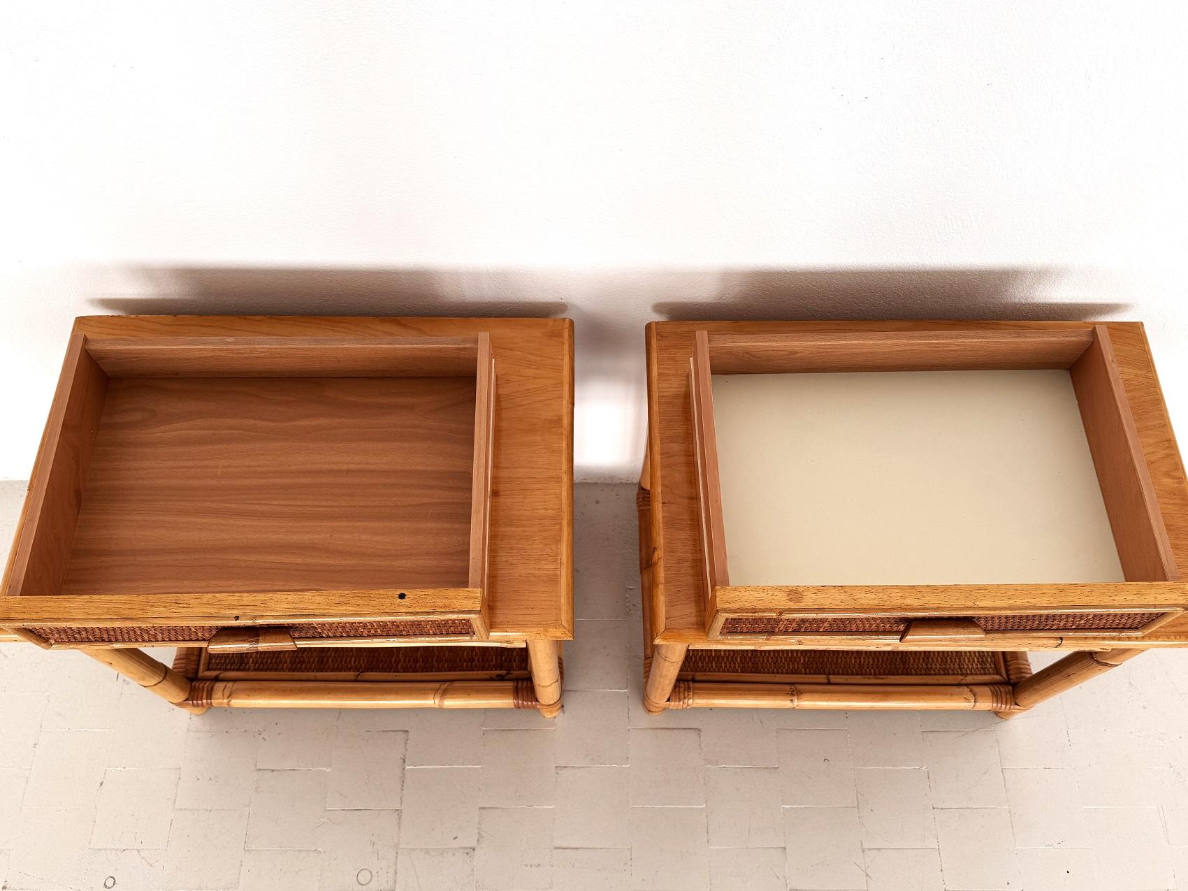 Pair of Italian Bamboo and Wicker Bedside Tables with Drawer and Shelf, 1970s For Sale 10