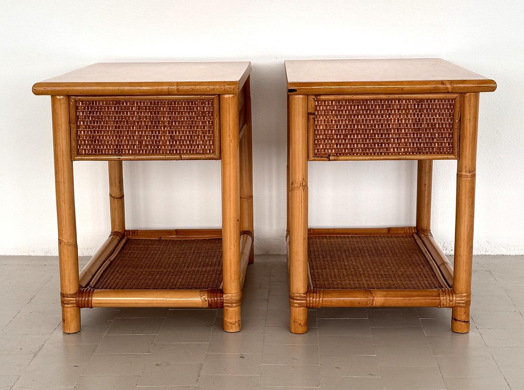 Pair of Italian Bamboo and Wicker Bedside Tables with Drawer and Shelf, 1970s For Sale 11