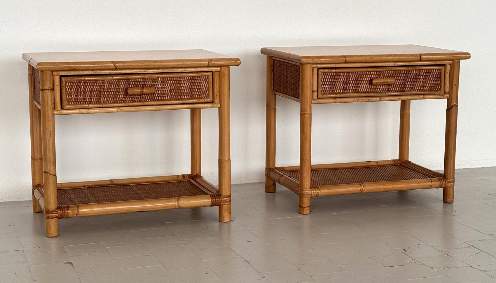 Pair of Italian Bamboo and Wicker Bedside Tables with Drawer and Shelf, 1970s For Sale 12