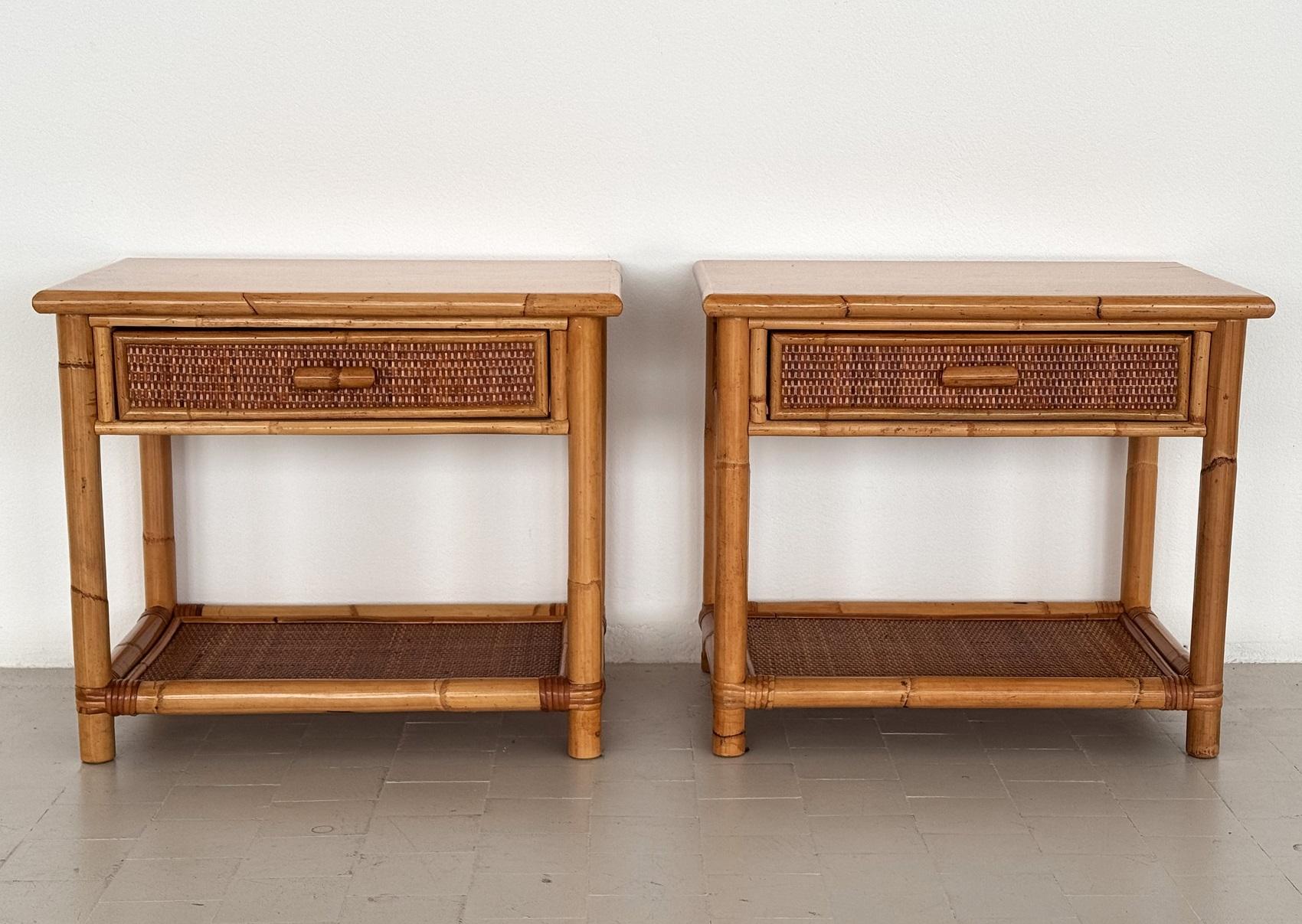 Italian Midcentury Bamboo and Wicker Bedside Tables with Drawer and Shelf, 1970s

Pair of Italian mid-century night stands or bedside tables in very good condition, made of strong bamboo, wicker and wood.
Both tables have a drawer and shelf and are