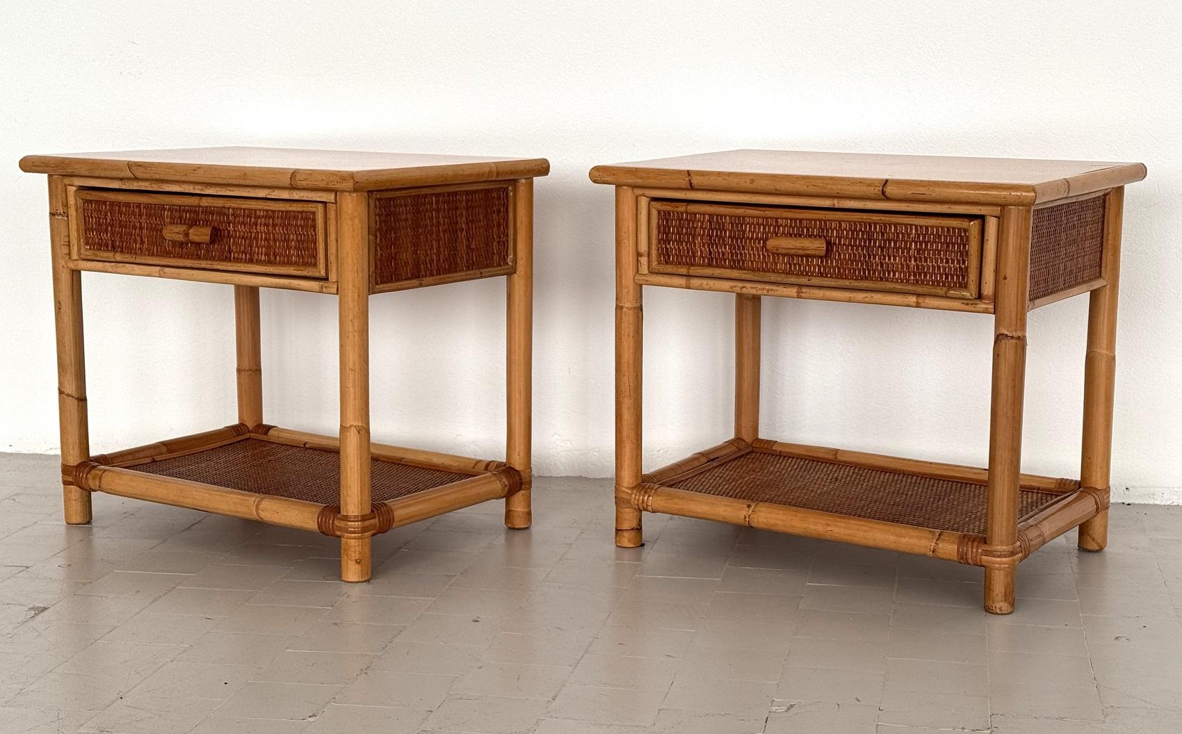 Pair of Italian Bamboo and Wicker Bedside Tables with Drawer and Shelf, 1970s For Sale 2