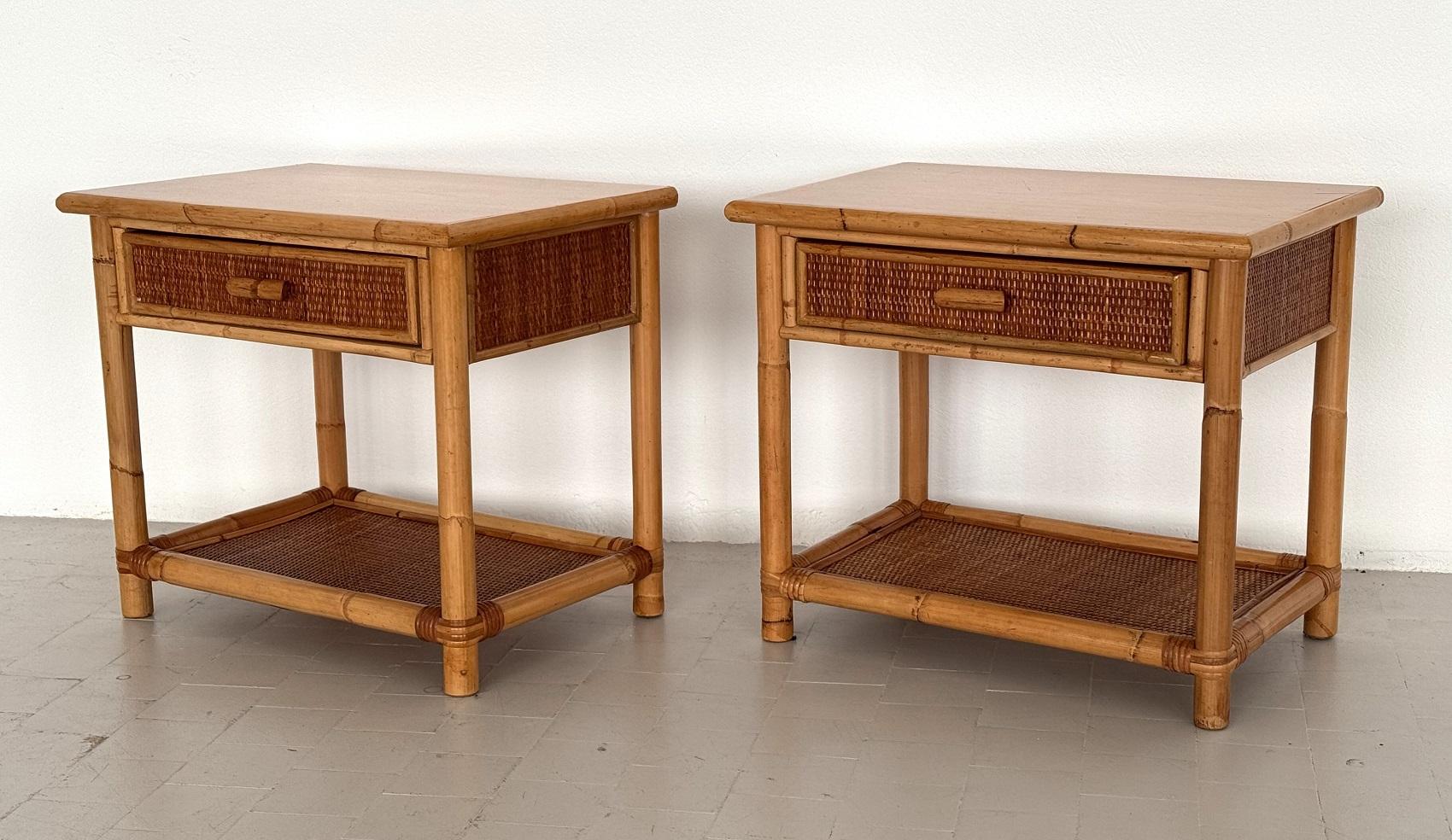 Pair of Italian Bamboo and Wicker Bedside Tables with Drawer and Shelf, 1970s For Sale 3
