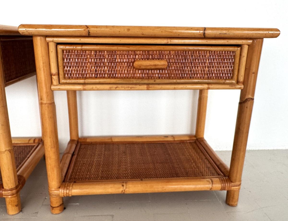 Pair of Italian Bamboo and Wicker Bedside Tables with Drawer and Shelf, 1970s For Sale 4