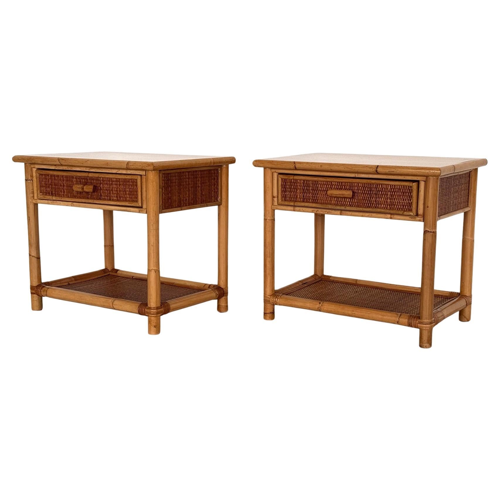 Pair of Italian Bamboo and Wicker Bedside Tables with Drawer and Shelf, 1970s