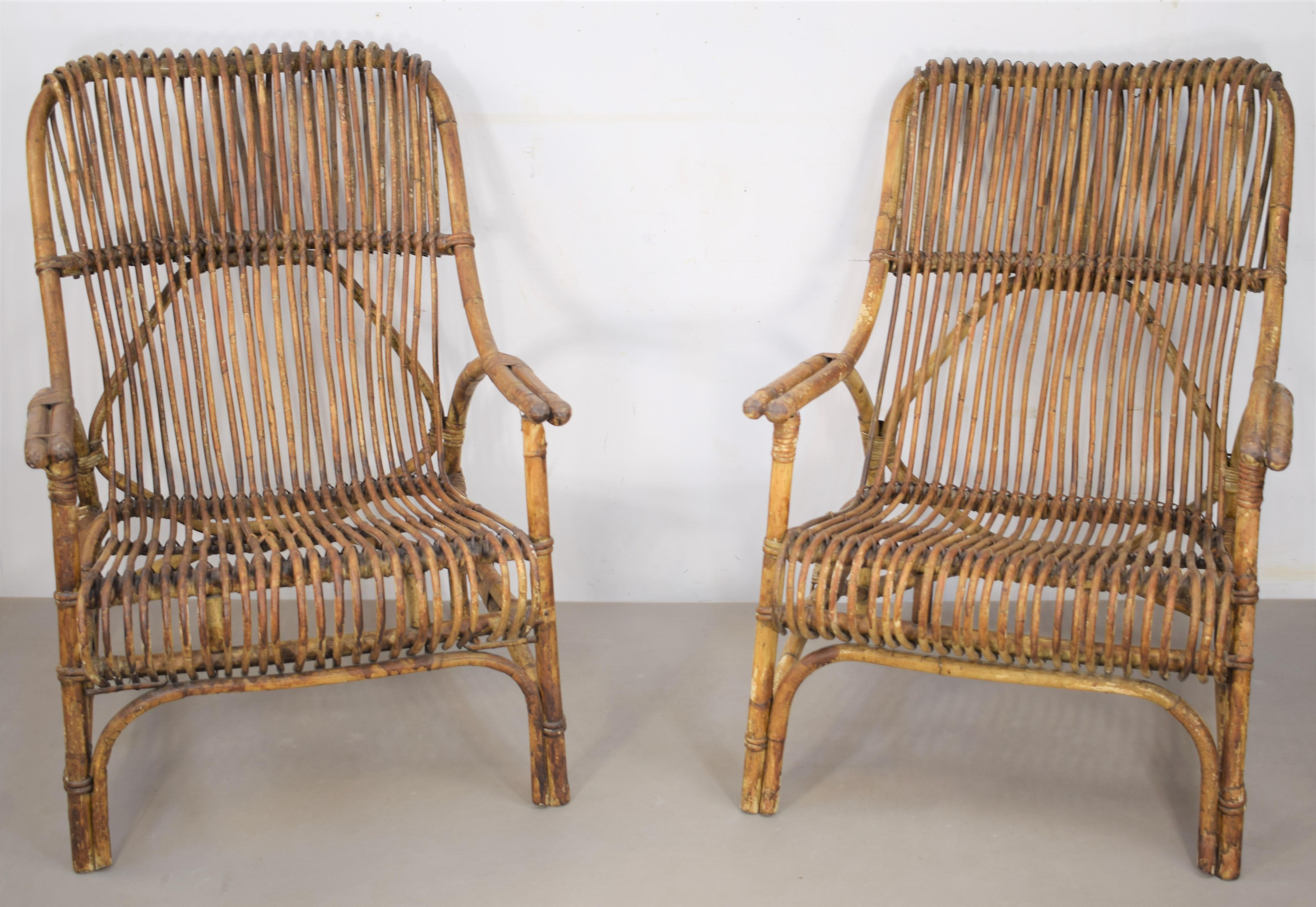 Pair of italian bamboo armchairs, 1960s.
Dimensions: H=95cm; W= 90 cm; D=85 cm; Height seat =40.
