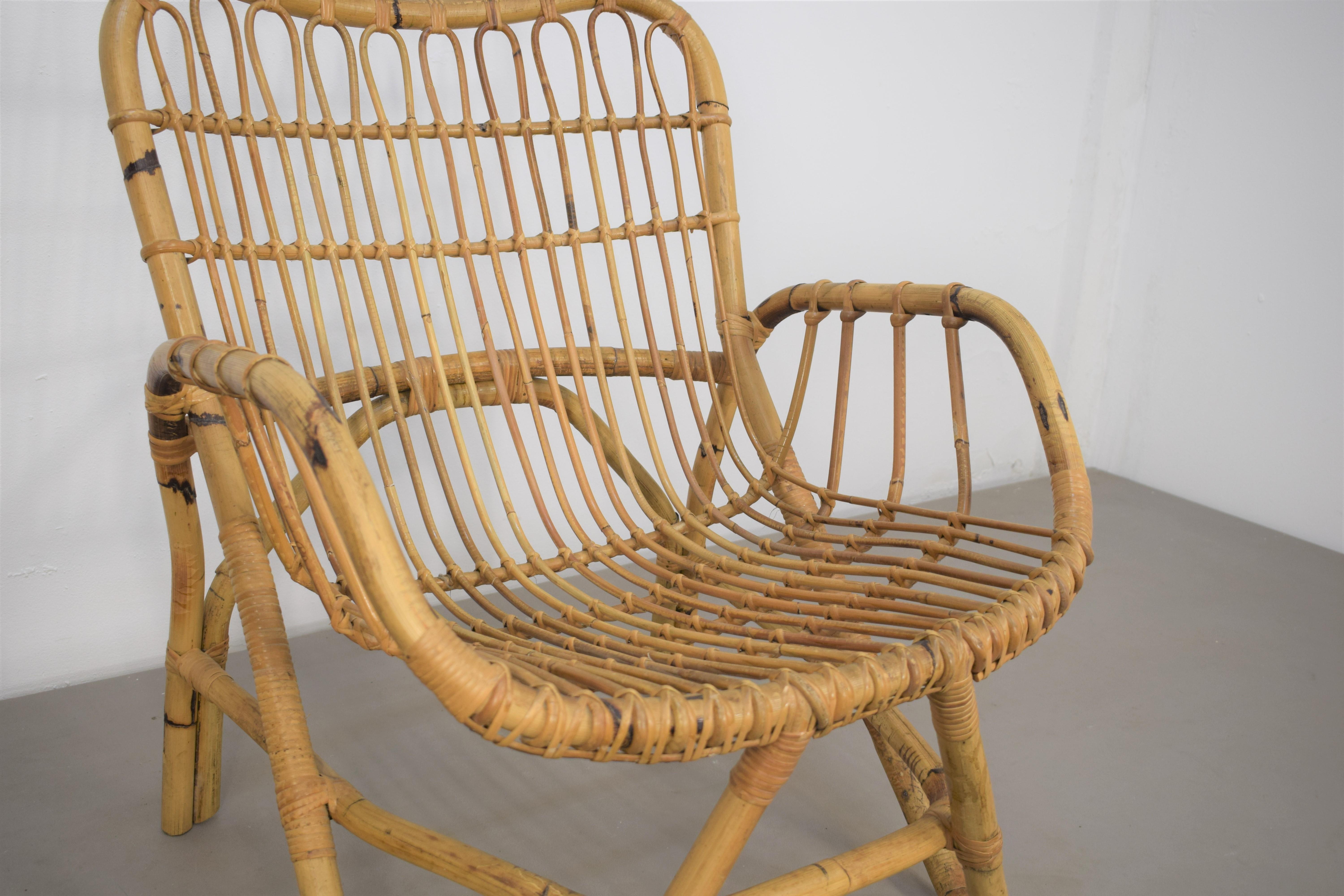 Pair of Italian Bamboo Armchairs  in the style of Tito Agnoli, 1960s For Sale 6