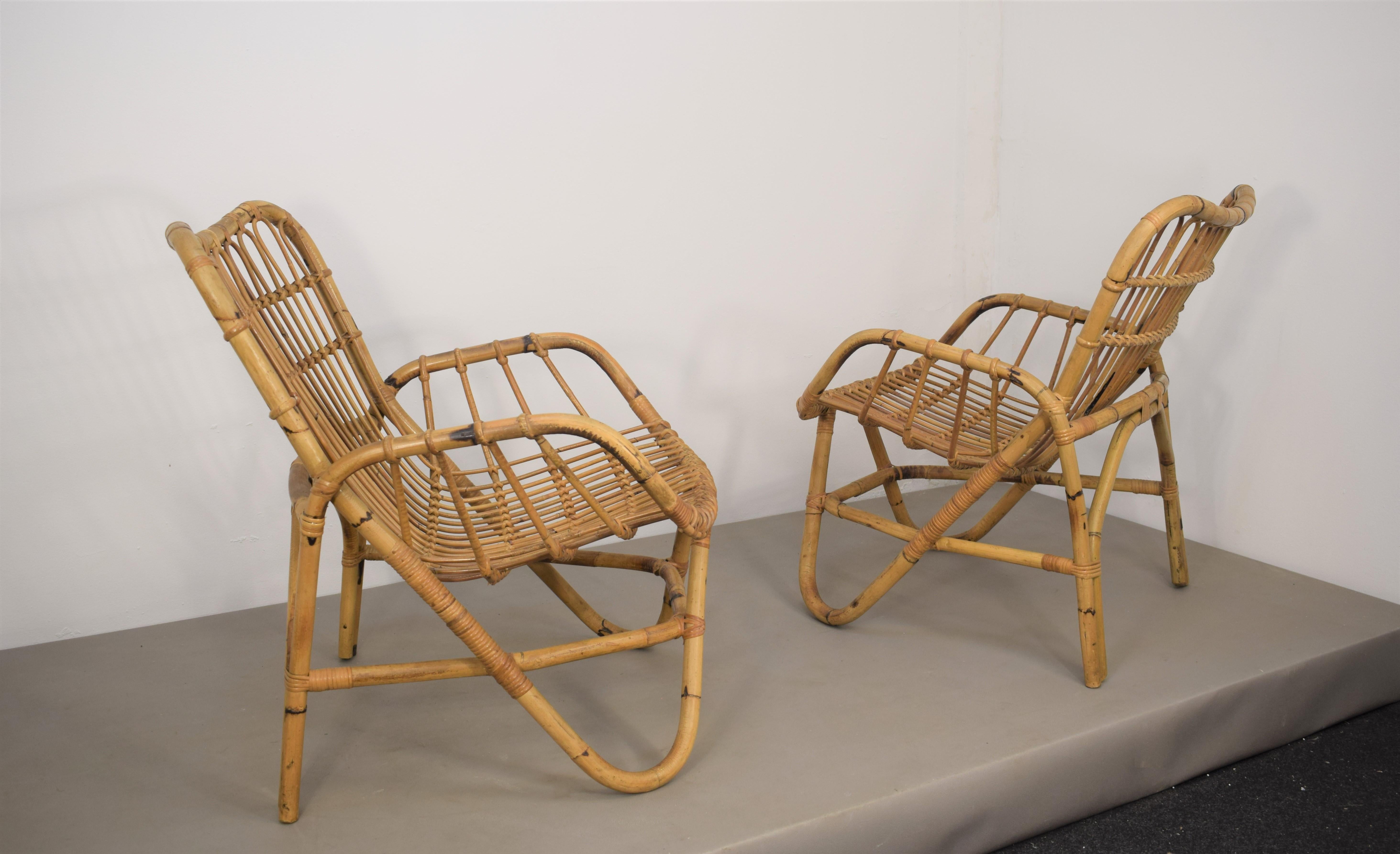 Mid-Century Modern Pair of Italian Bamboo Armchairs  in the style of Tito Agnoli, 1960s For Sale