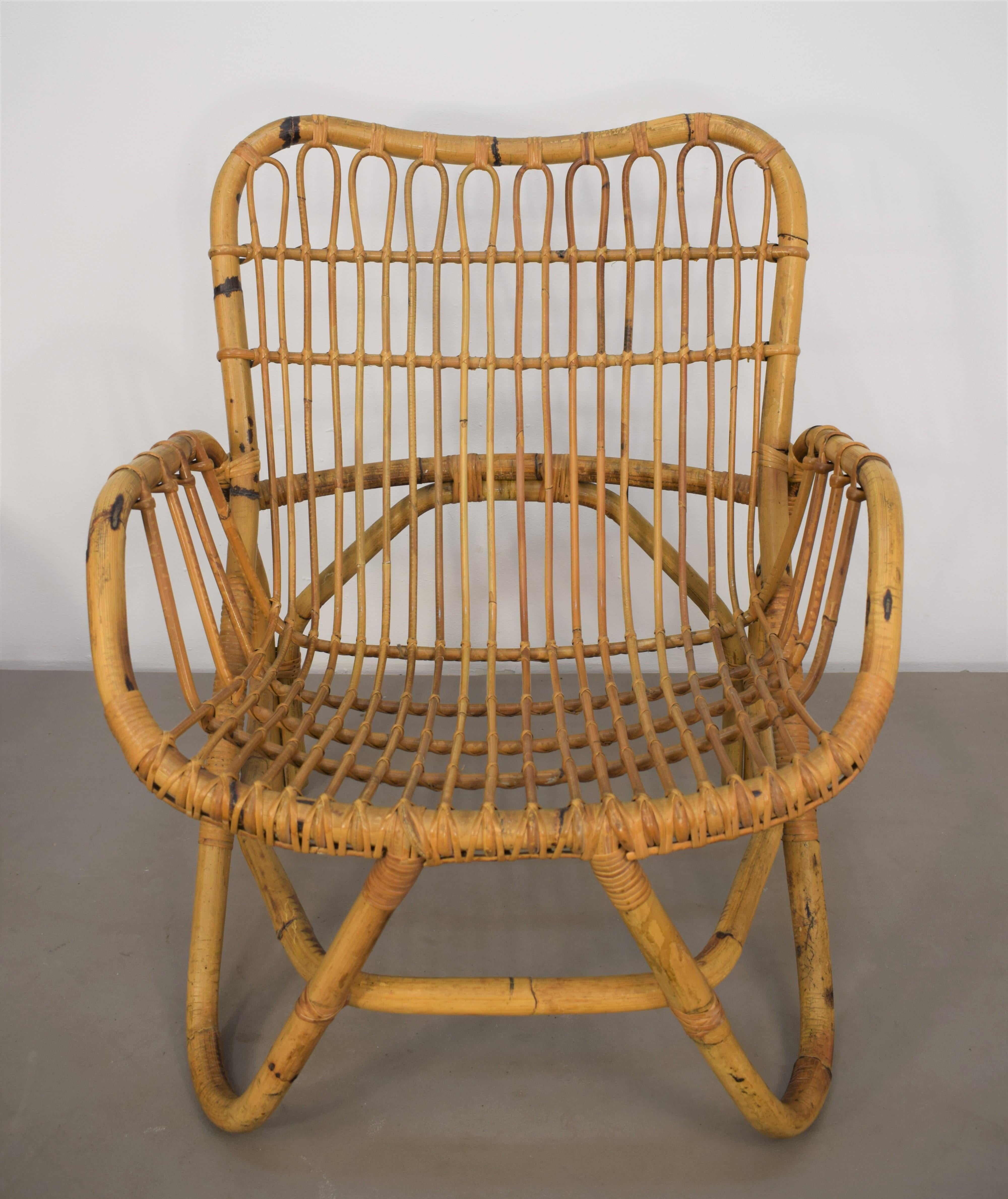 Mid-20th Century Pair of Italian Bamboo Armchairs  in the style of Tito Agnoli, 1960s For Sale