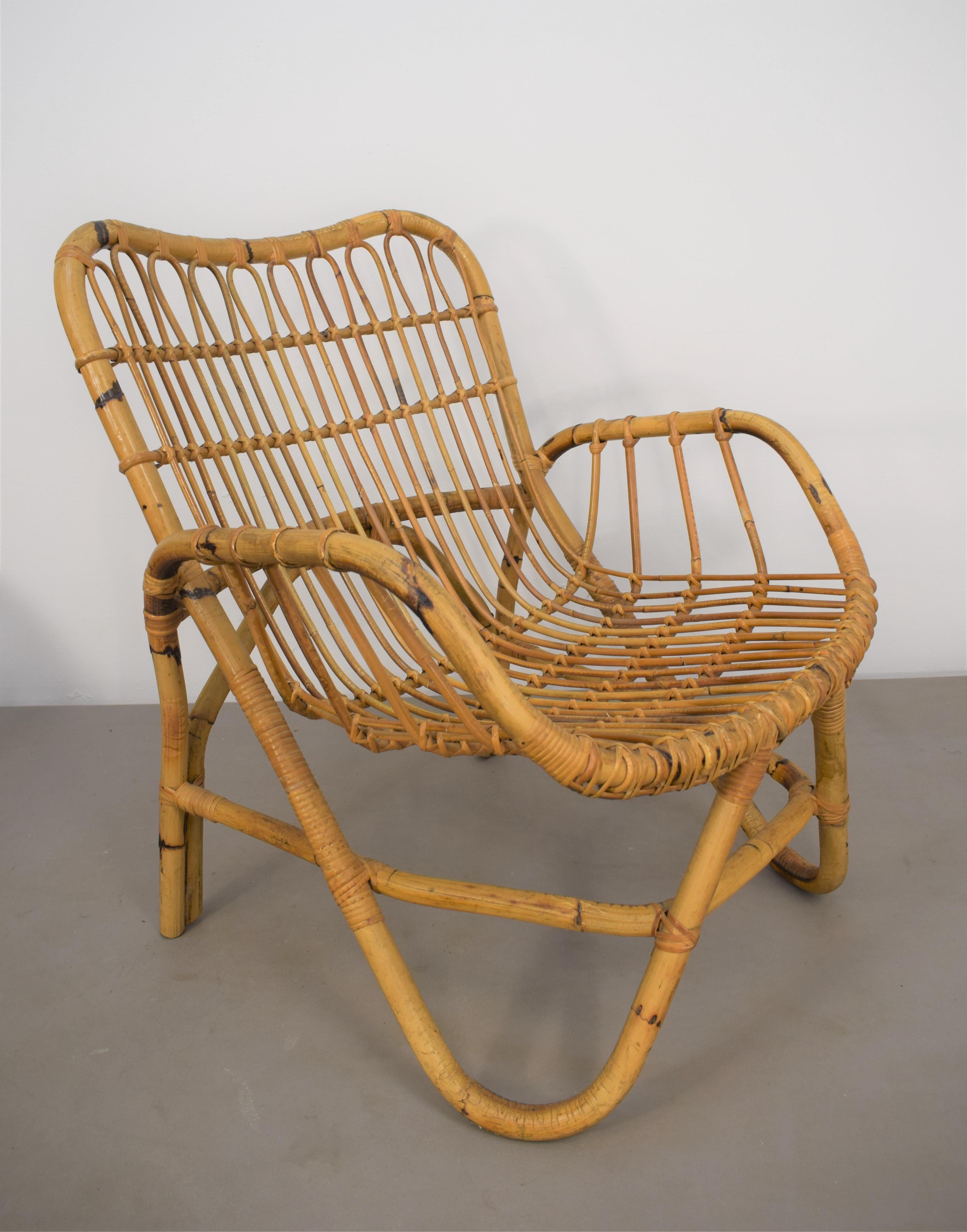 Pair of Italian Bamboo Armchairs  in the style of Tito Agnoli, 1960s For Sale 1