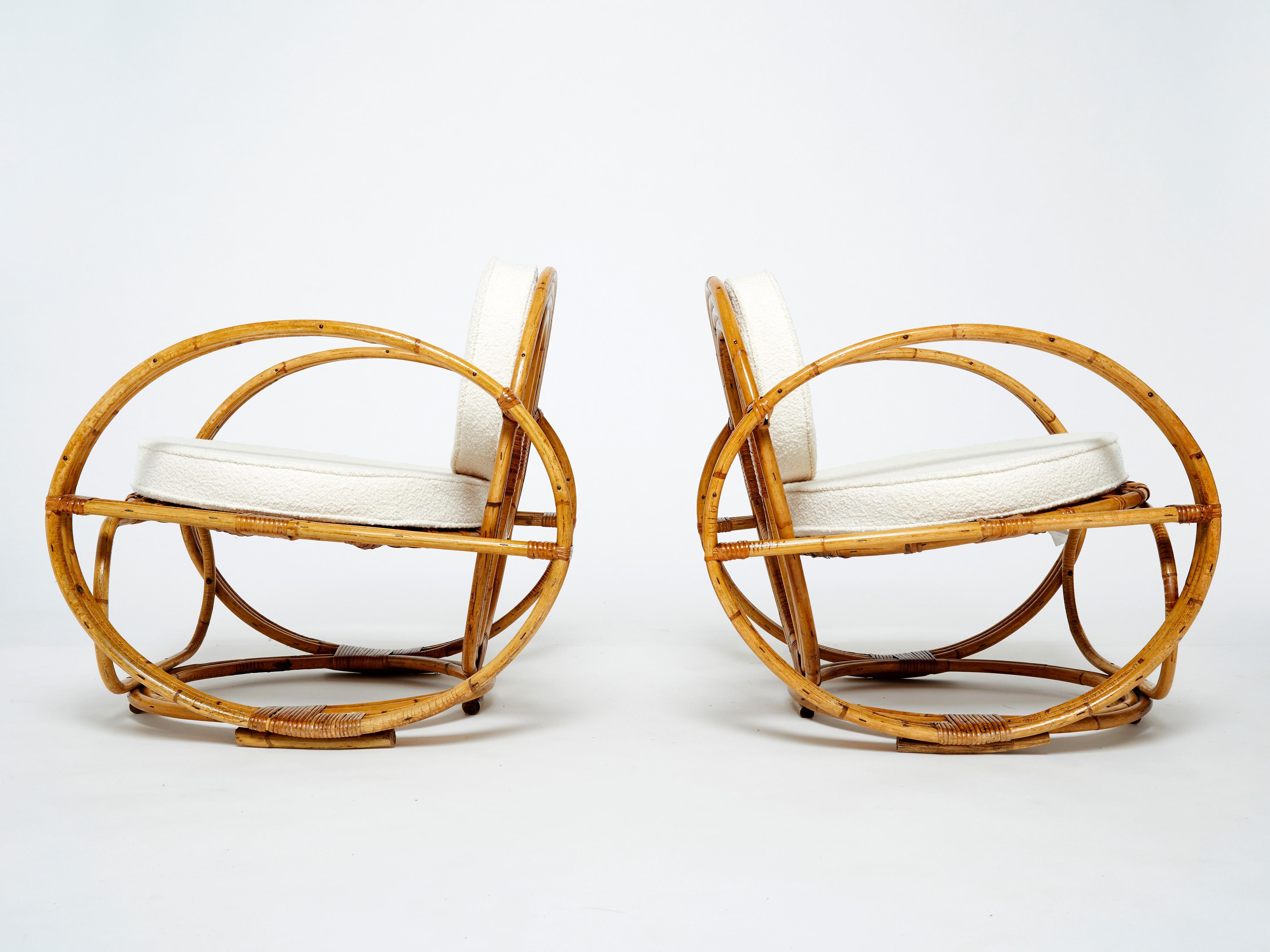 Pair of Italian Bamboo Armchairs with French Bouclé Fabric Early 1960s In Good Condition For Sale In Paris, IDF