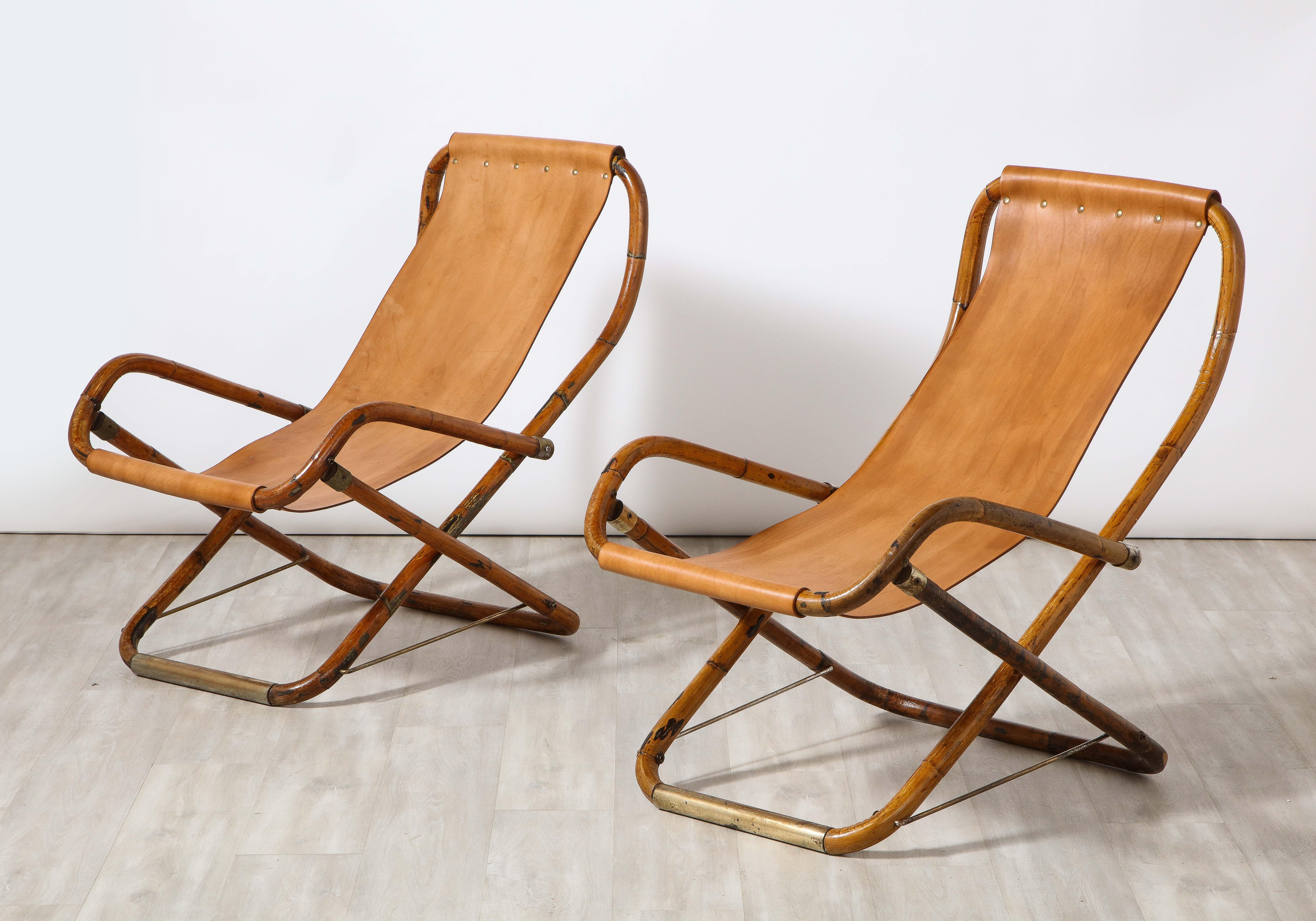 Gianfranco Frattini Italian Bamboo, Leather and Brass Campaign Chairs, ca 1960 For Sale 6