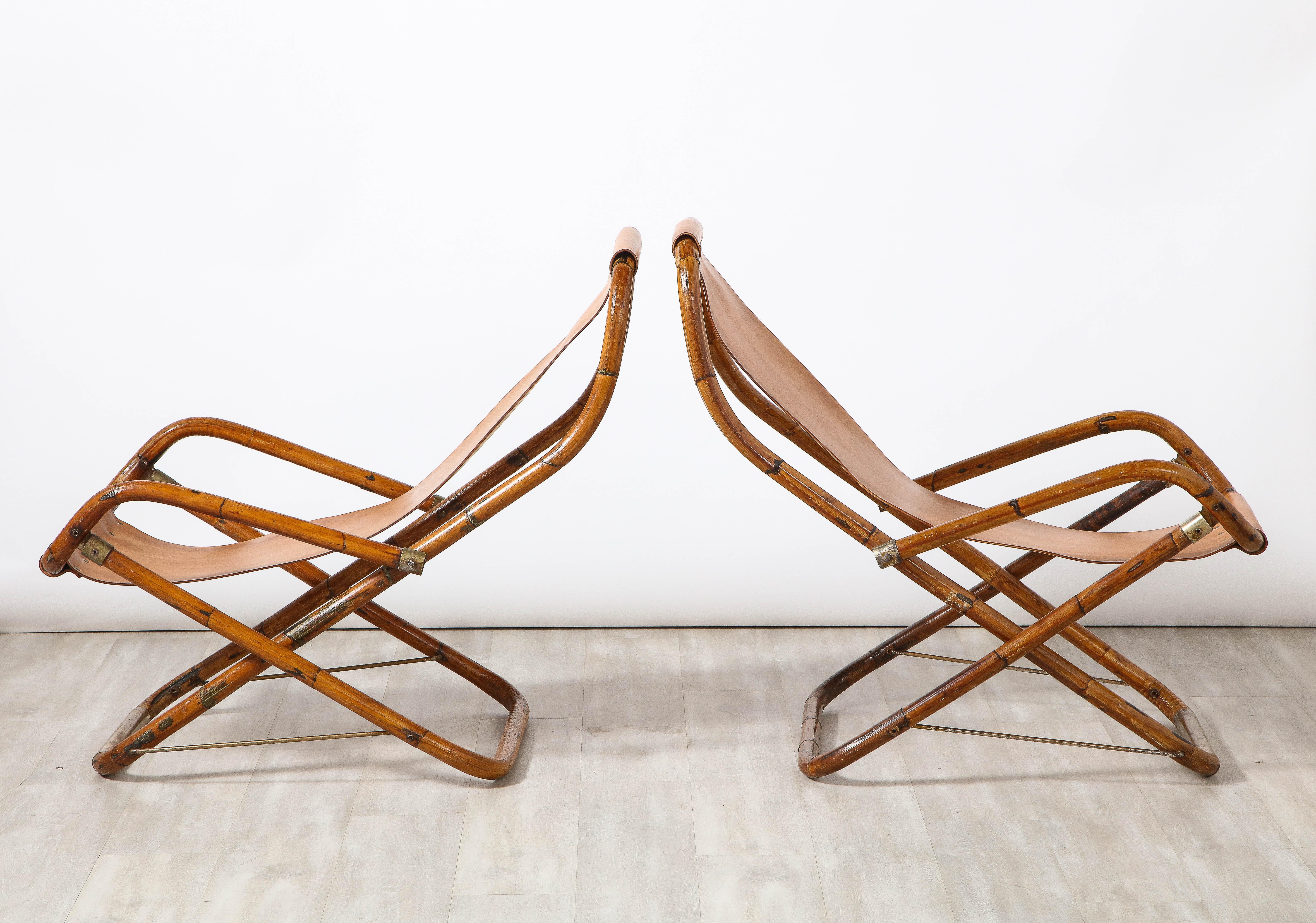 Mid-Century Modern Gianfranco Frattini Italian Bamboo, Leather and Brass Campaign Chairs, ca 1960 For Sale