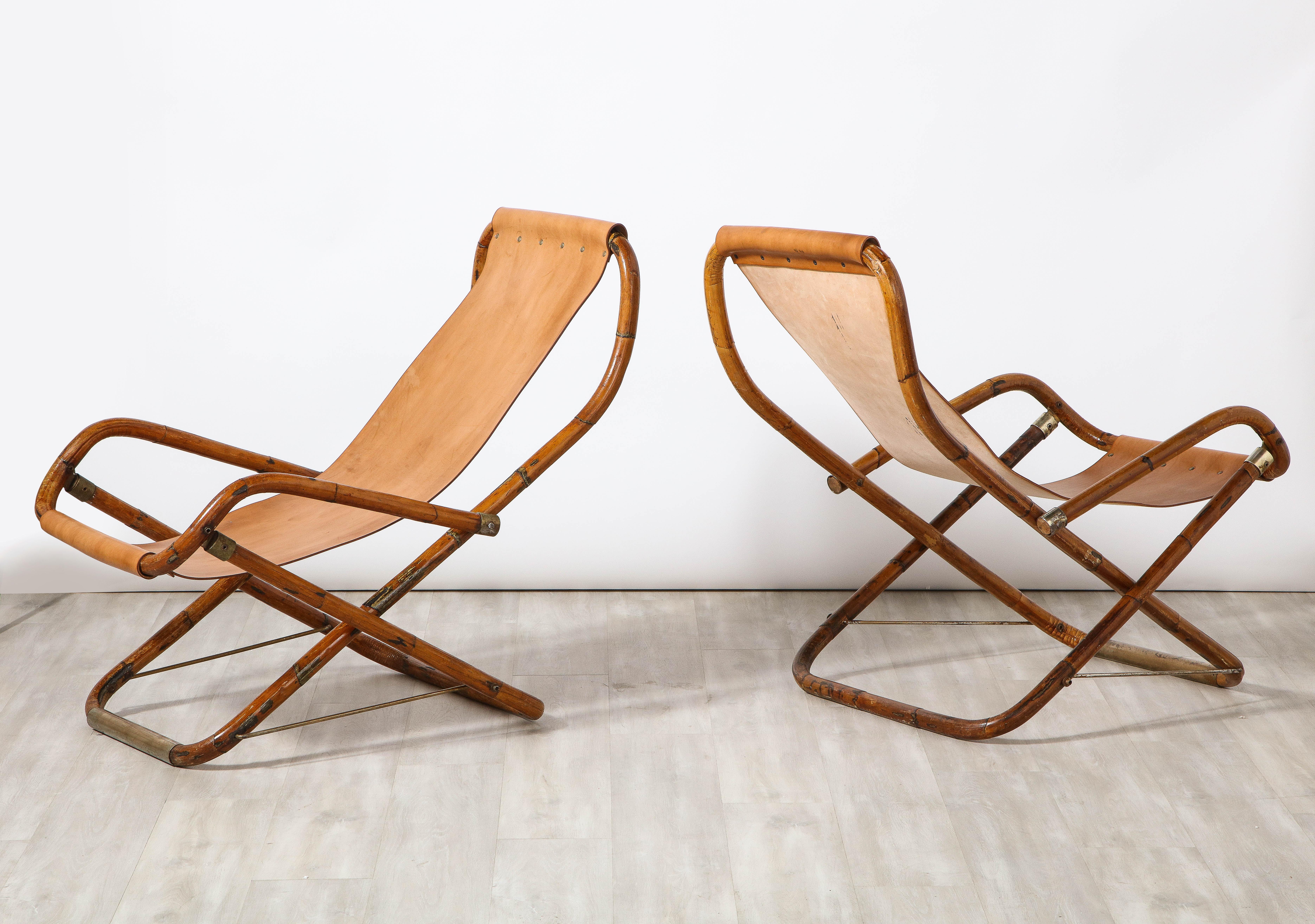 Gianfranco Frattini Italian Bamboo, Leather and Brass Campaign Chairs, ca 1960 In Good Condition For Sale In New York, NY