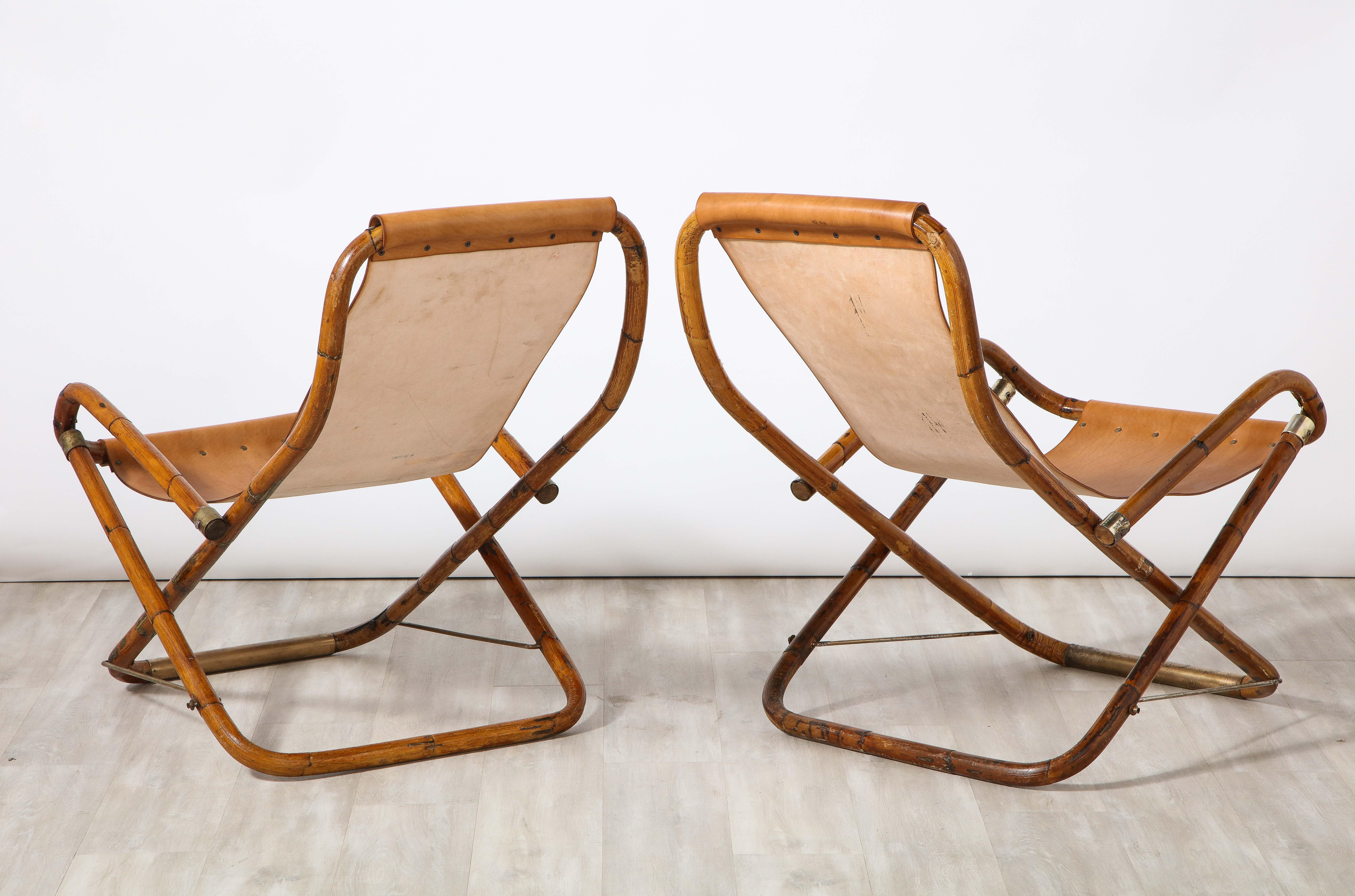 Mid-20th Century Gianfranco Frattini Italian Bamboo, Leather and Brass Campaign Chairs, ca 1960 For Sale