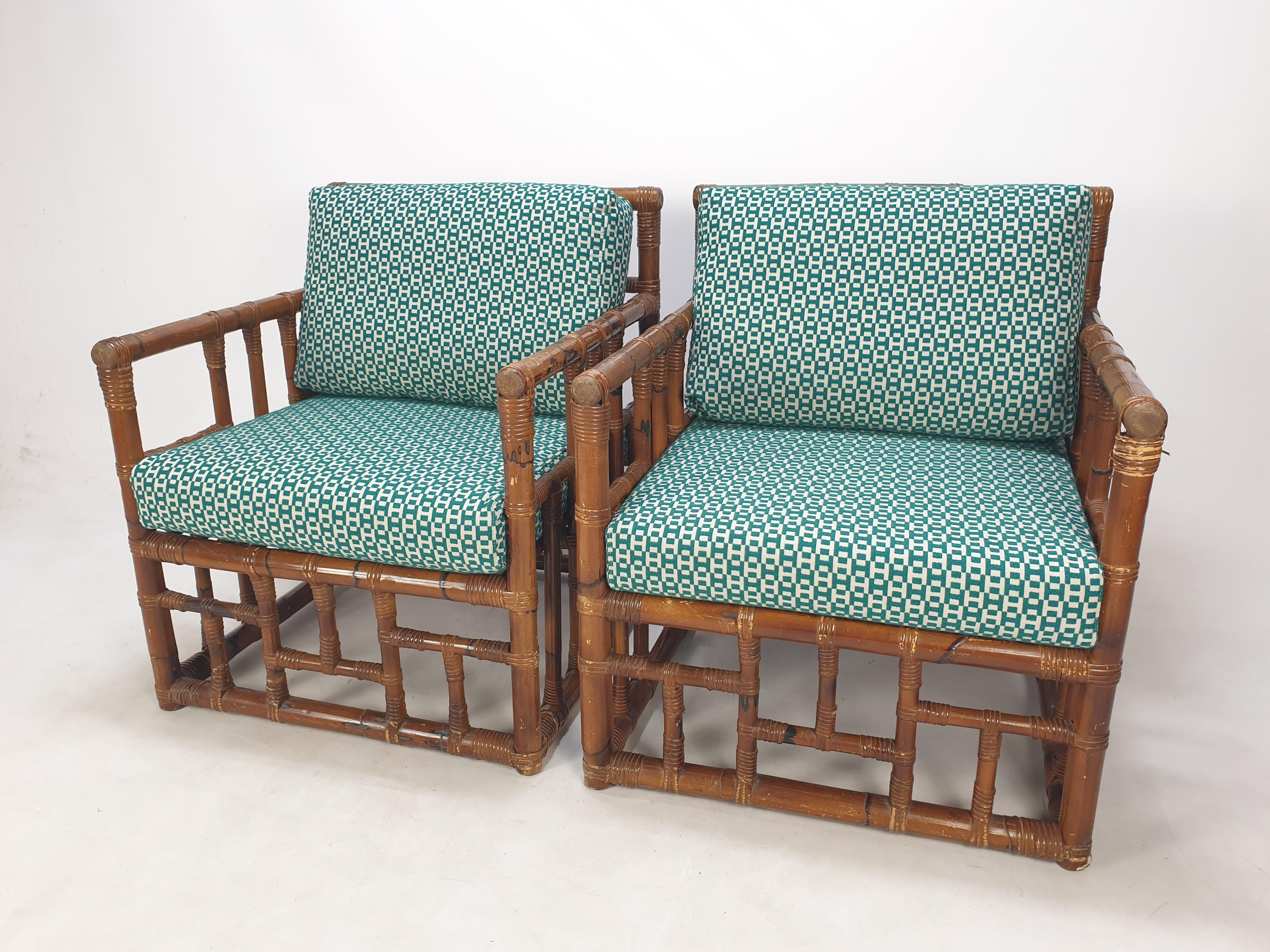 Beautiful set of Italian bamboo armchairs, 1970s.

The cushions are new and they are upholstered with very exclusive Hermès fabric.
   