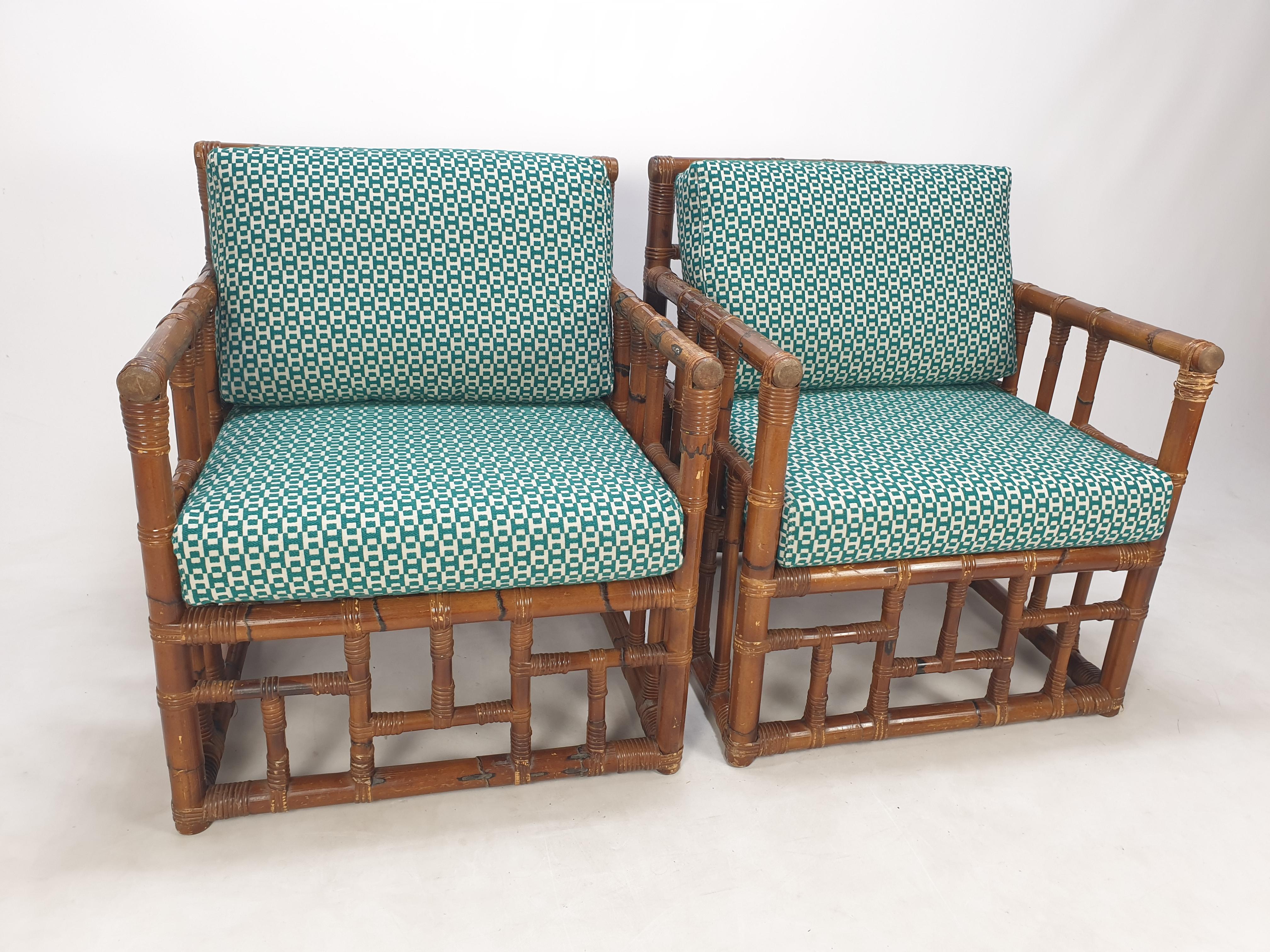 Mid-Century Modern Pair of Italian Bamboo Lounge Chairs with Hermès Upholstery, 1970's For Sale