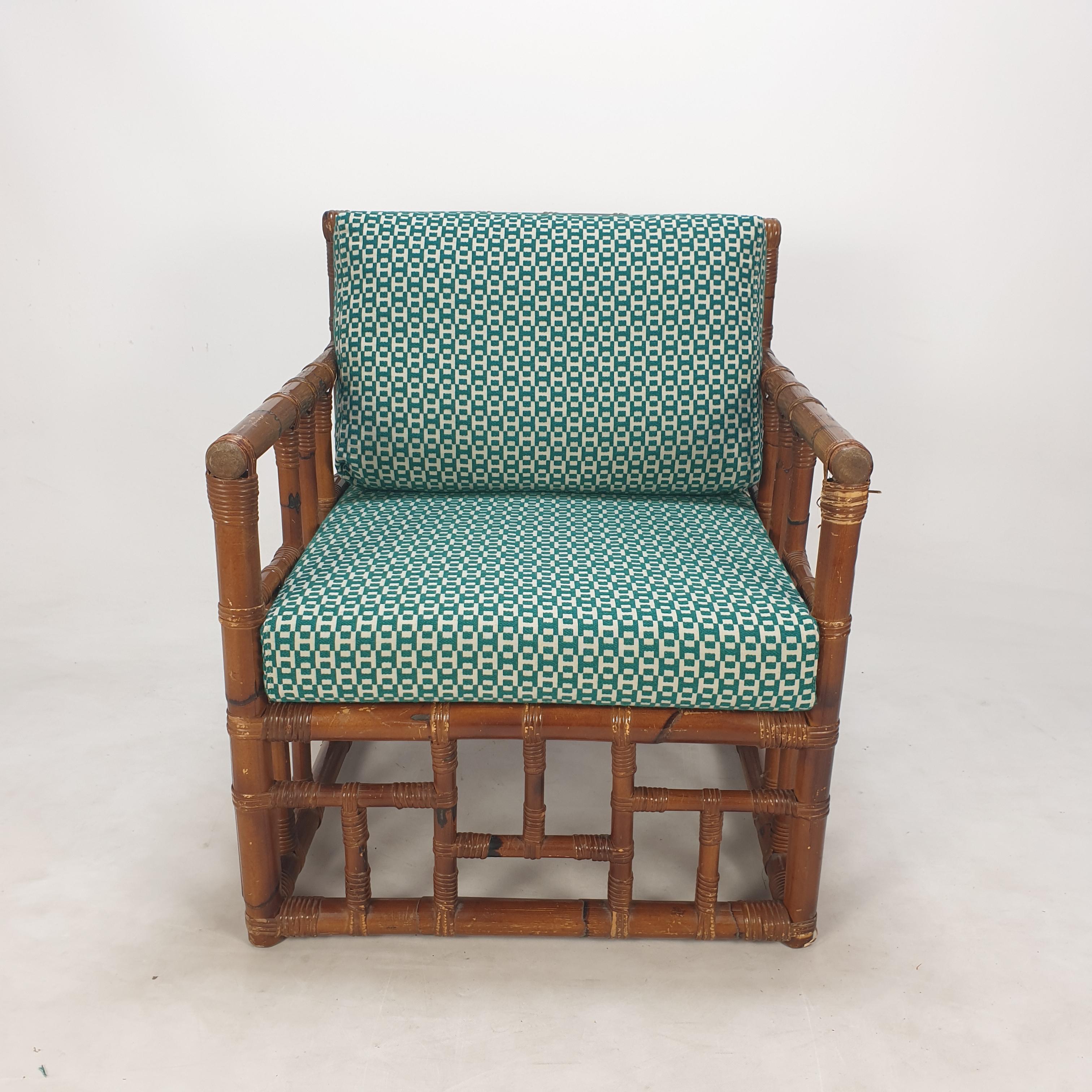 Fabric Pair of Italian Bamboo Lounge Chairs with Hermès Upholstery, 1970's For Sale