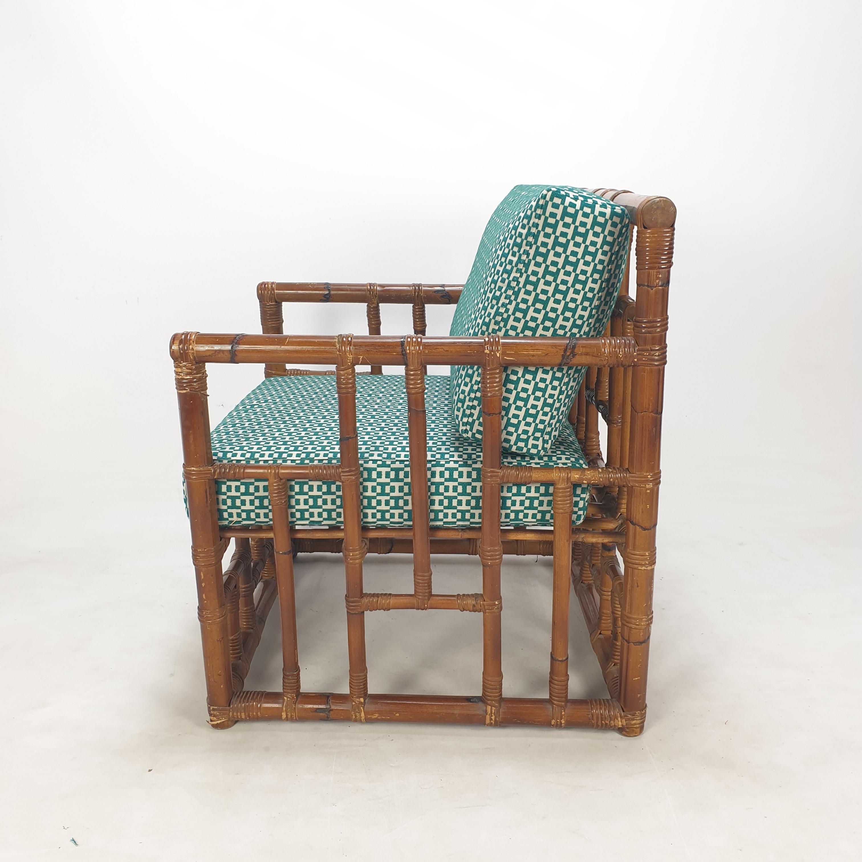 Pair of Italian Bamboo Lounge Chairs with Hermès Upholstery, 1970's For Sale 1