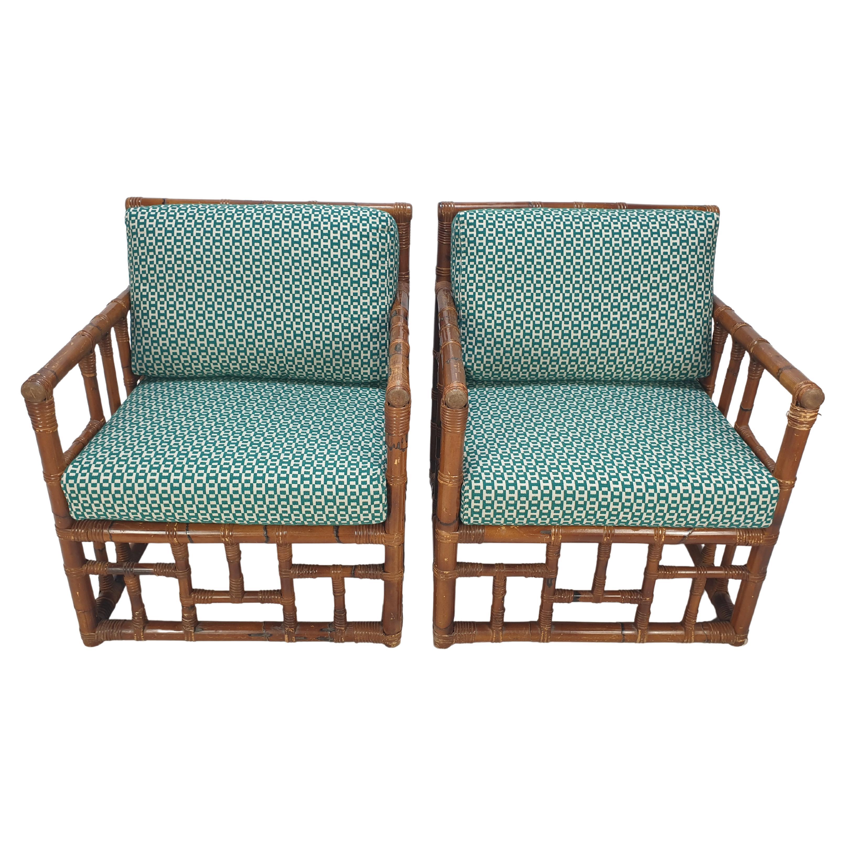 Pair of Italian Bamboo Lounge Chairs with Hermès Upholstery, 1970's