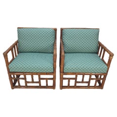 Vintage Pair of Italian Bamboo Lounge Chairs with Hermès Upholstery, 1970's