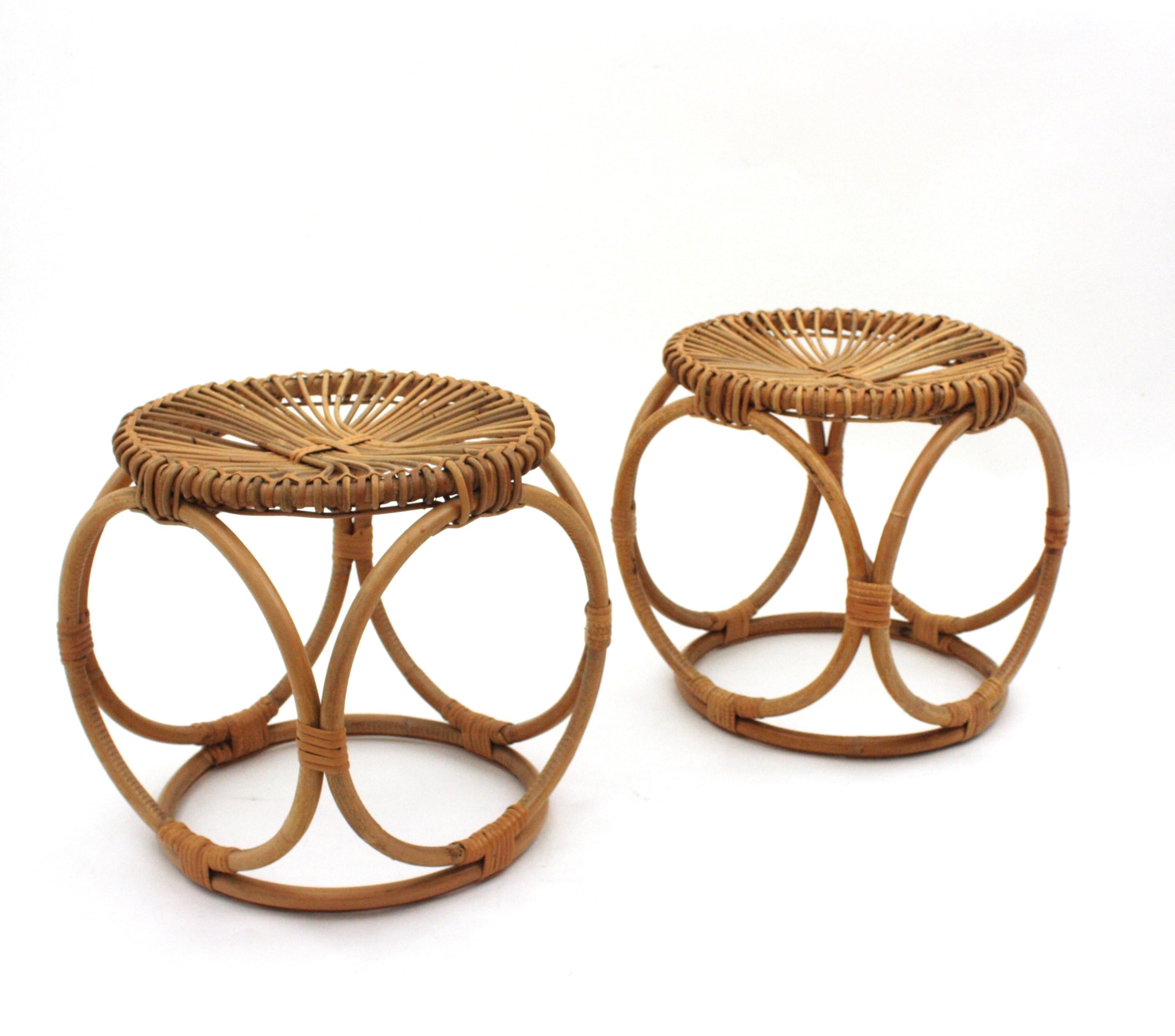 Pair of Italian Bamboo Rattan Stools in the Style of Franco Albini For Sale 5