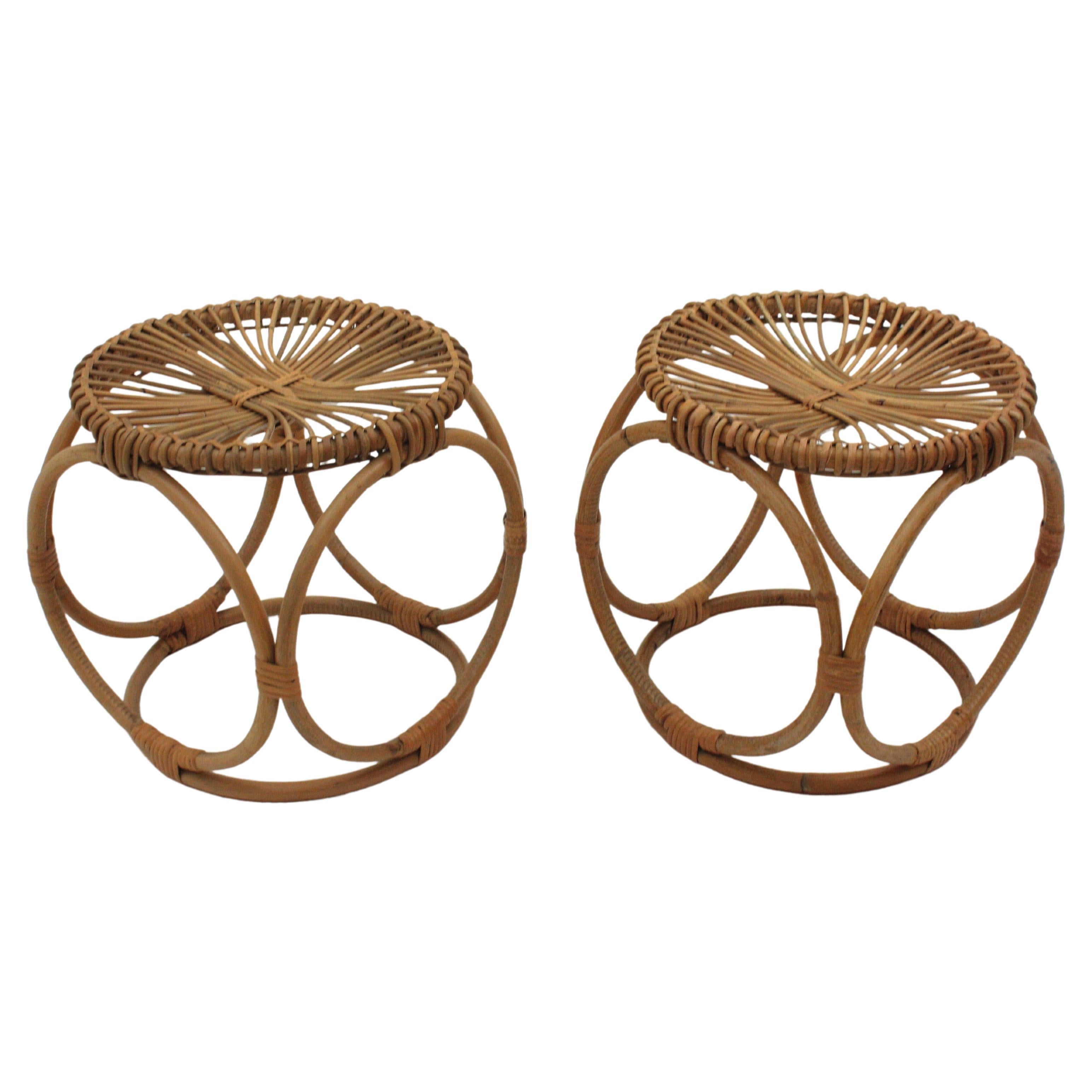Mid-Century Modern Pair of Italian Bamboo Rattan Stools in the Style of Franco Albini For Sale