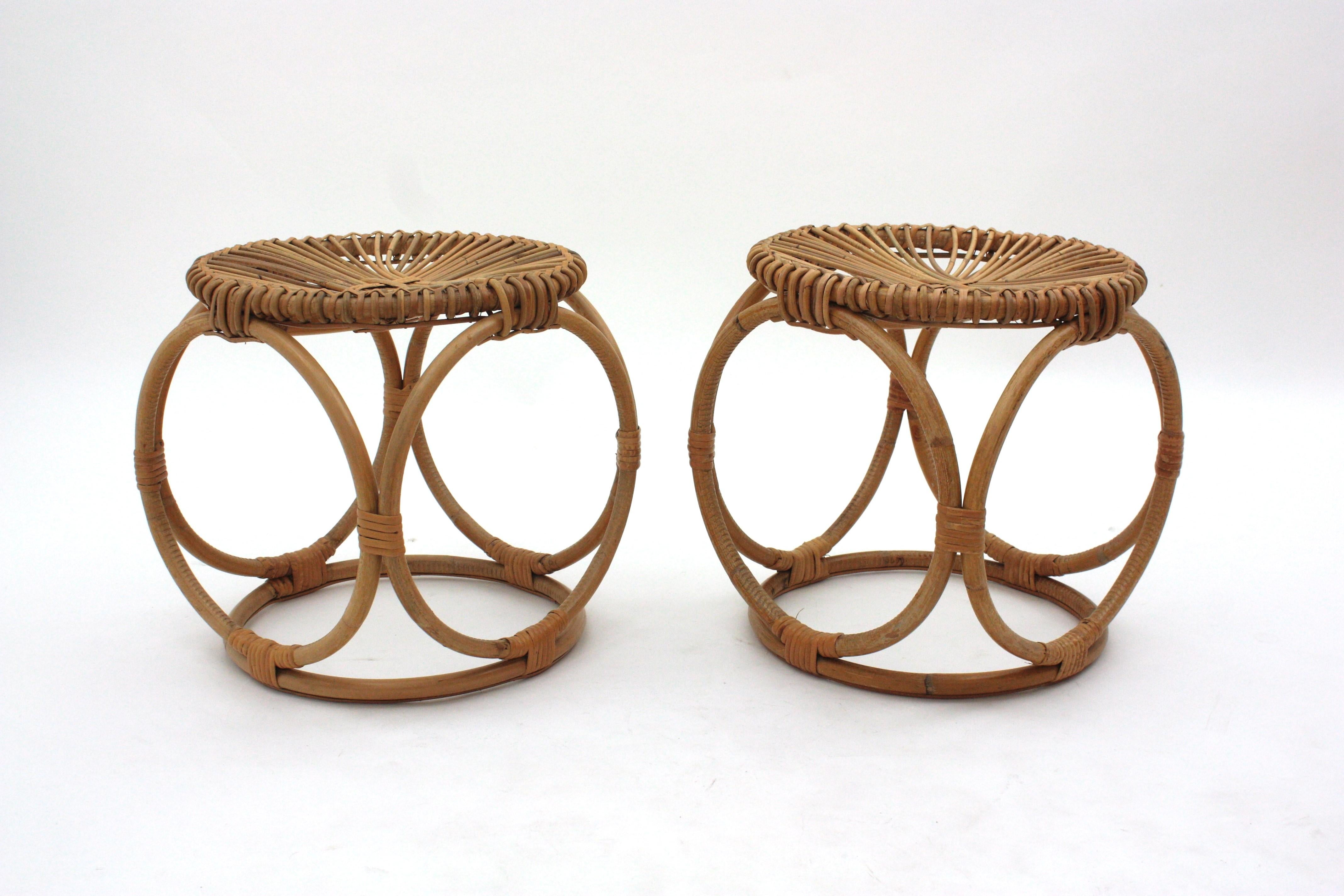Pair of Italian Bamboo Rattan Stools in the Style of Franco Albini For Sale 2