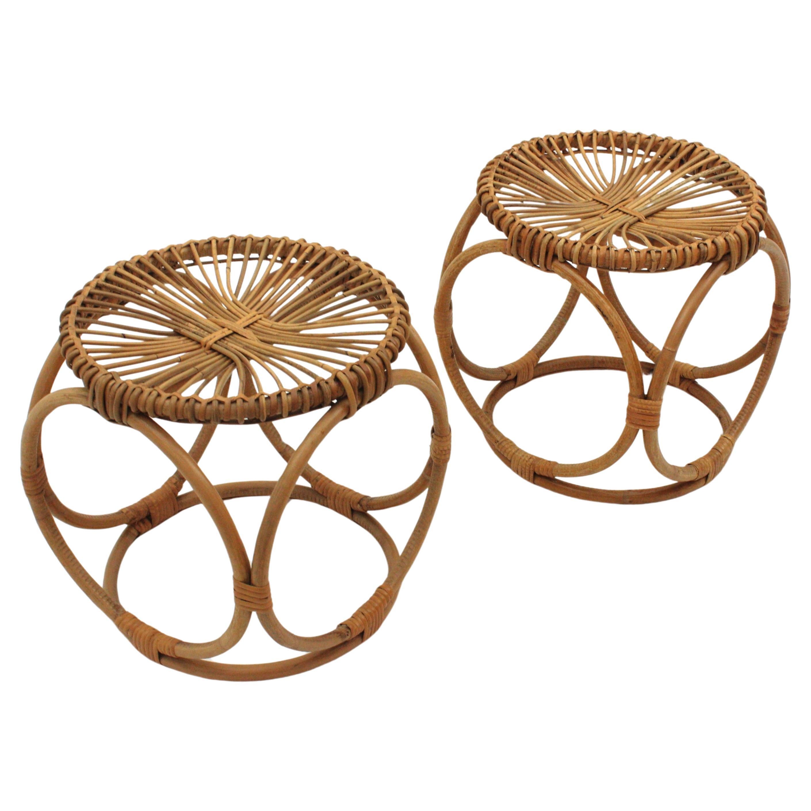 Pair of Italian Bamboo Rattan Stools in the Style of Franco Albini