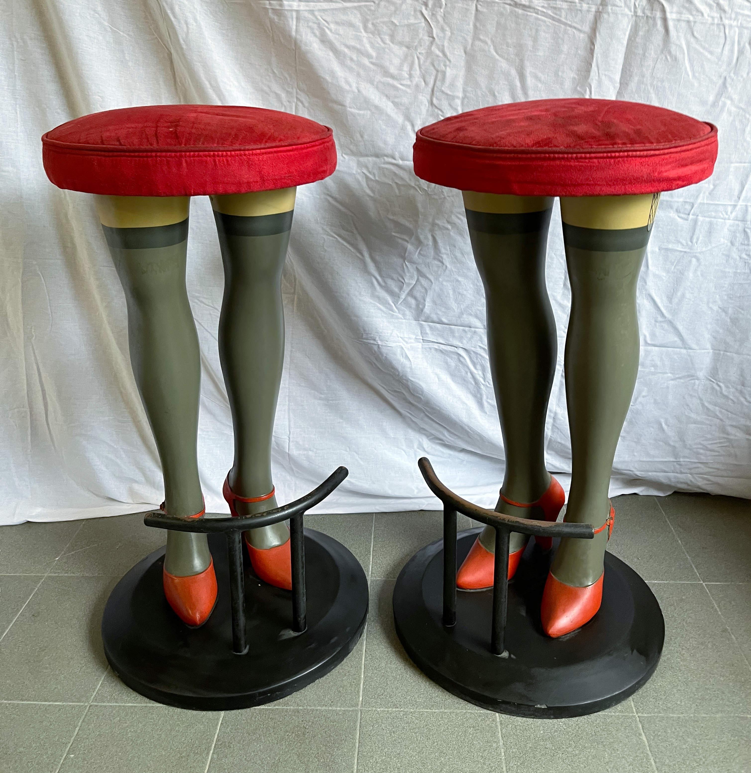 Vintage pair of bar stools in the shape of female legs in colored resin with iron footrest and red fabric cushions / Made in Italy, 1970s
Height: 32 inches / diameter: 18 inches
1 pair available in stock in Italy
Order reference: FABIOLTD LS005