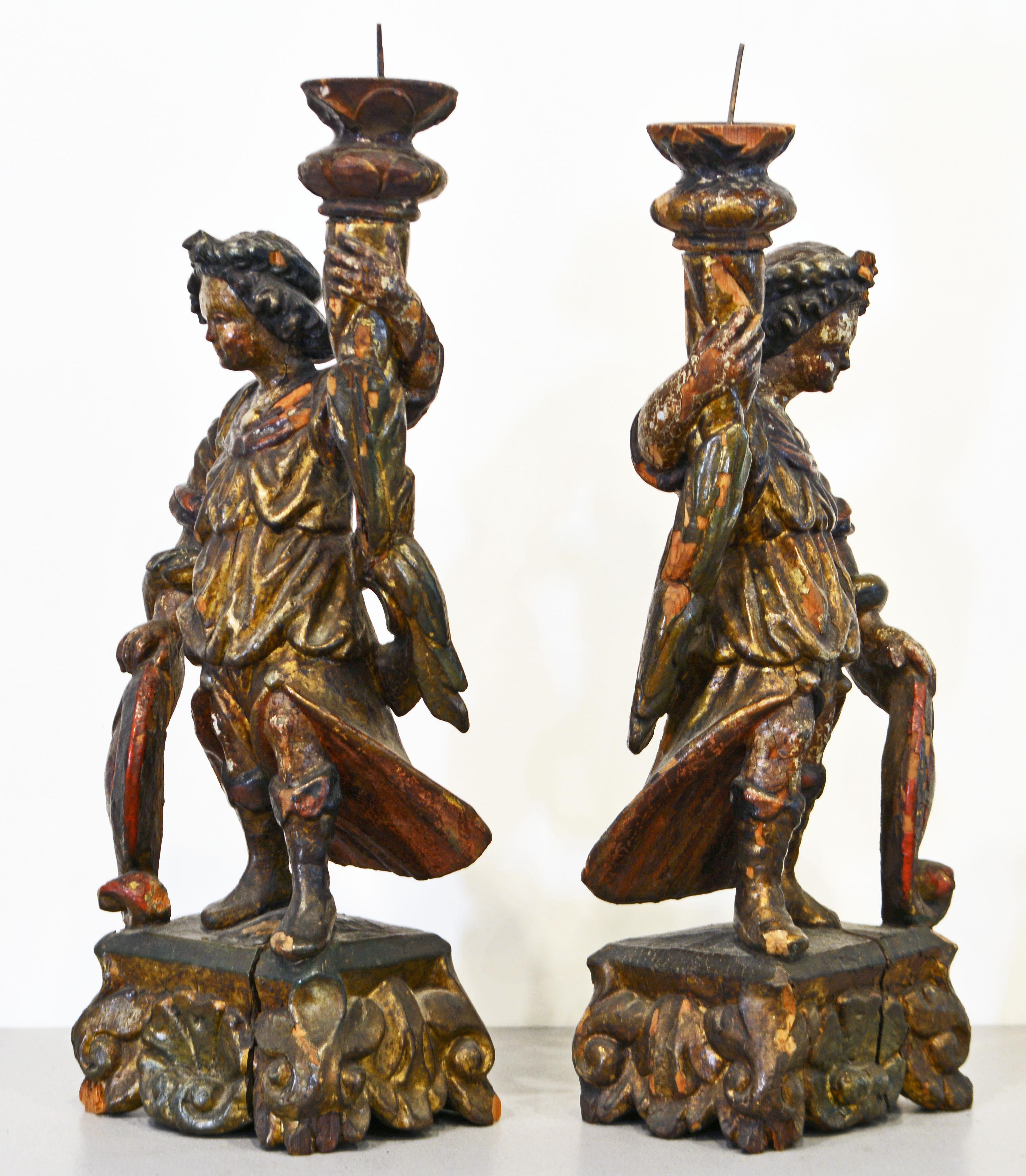 Pair of Italian Baroque 17th/18th C. Carved Gilt and Polychrome Torchiere Saints In Good Condition In Ft. Lauderdale, FL
