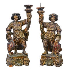 Pair of Italian Baroque 17th/18th C. Carved Gilt and Polychrome Torchiere Saints