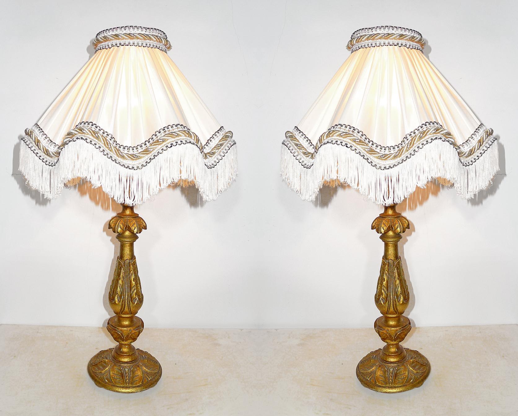 Wood Pair of Italian Baroque Carved Giltwood Candlesticks Torchères Ivory Table Lamps