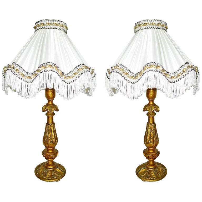 Pair of Italian Baroque Carved Giltwood Candlesticks Torchères Ivory Table Lamps For Sale