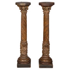 Pair of Italian Baroque Carved Painted and Gilded Columns