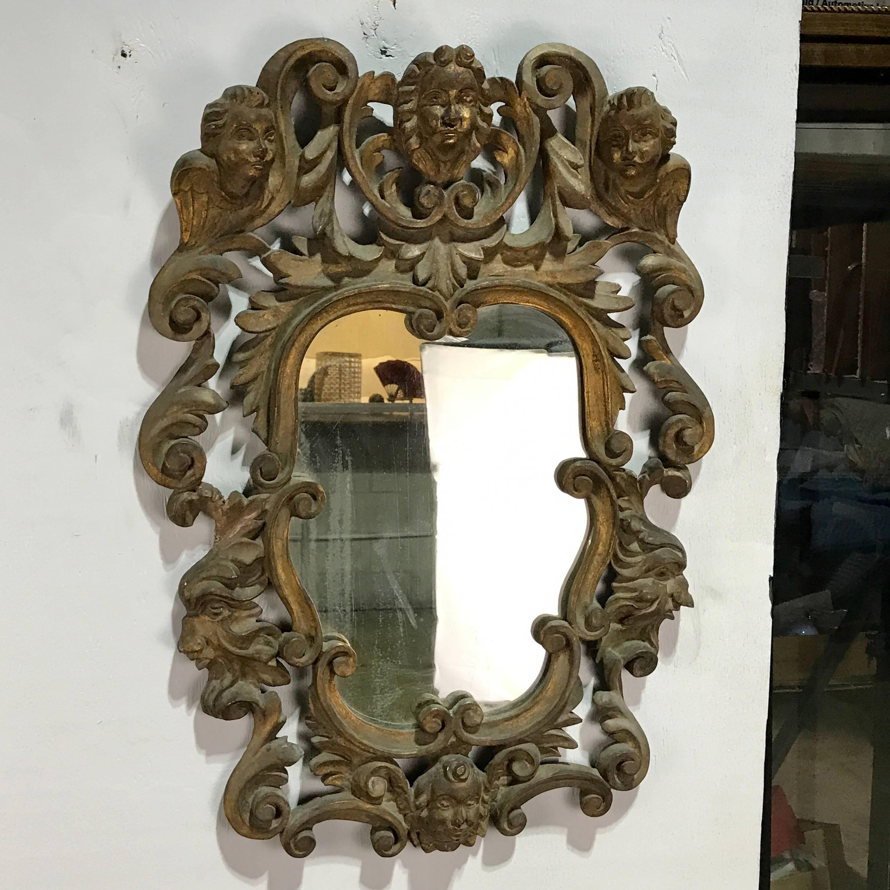 Polychromed Pair of Italian Baroque Carved Wood Mirrors