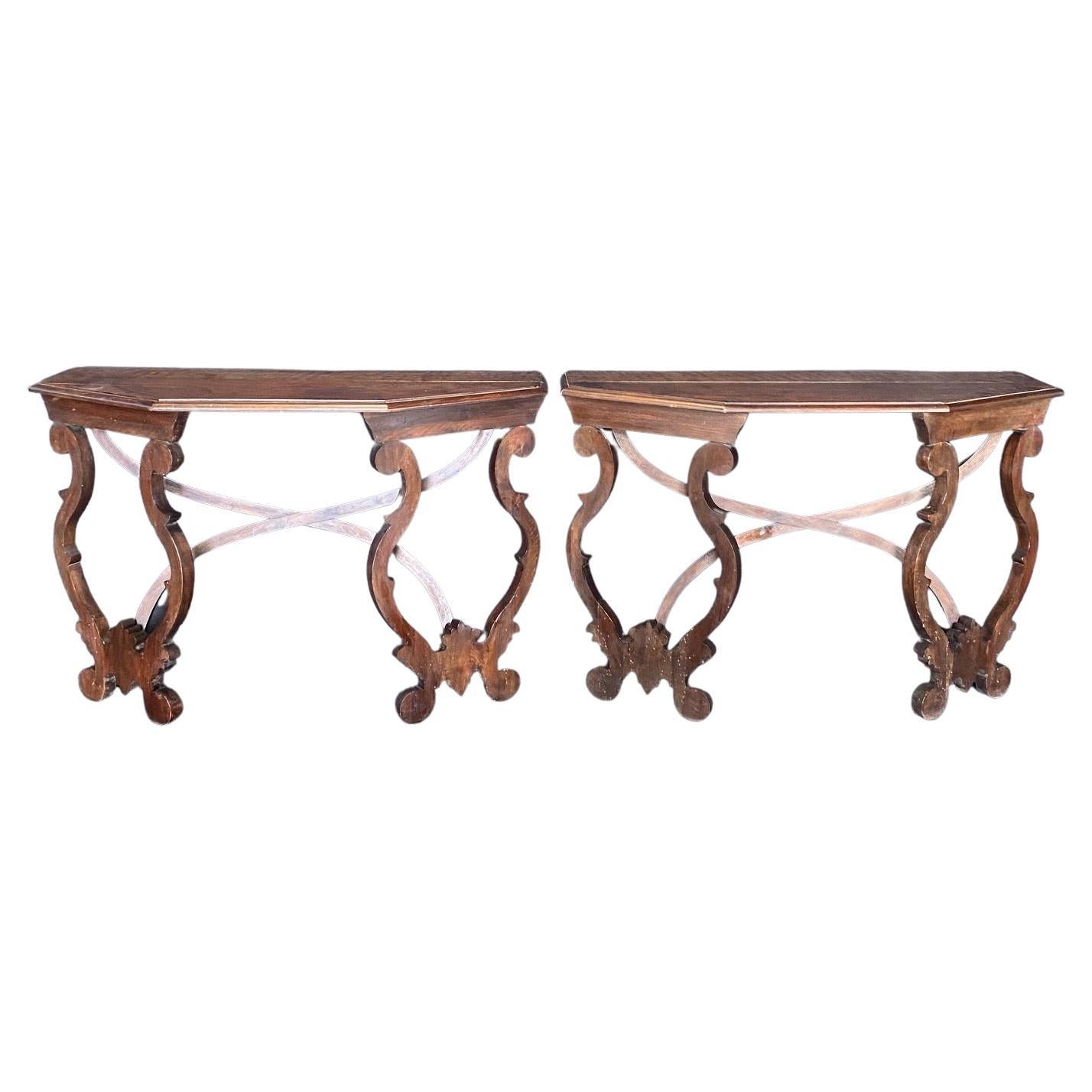 Pair of Italian Baroque Early 18th Century Demilune Walnut Console Tables For Sale