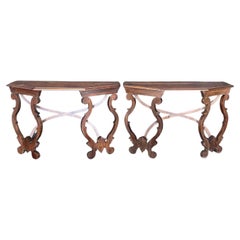 Pair of Italian Baroque Early 18th Century Demilune Walnut Console Tables