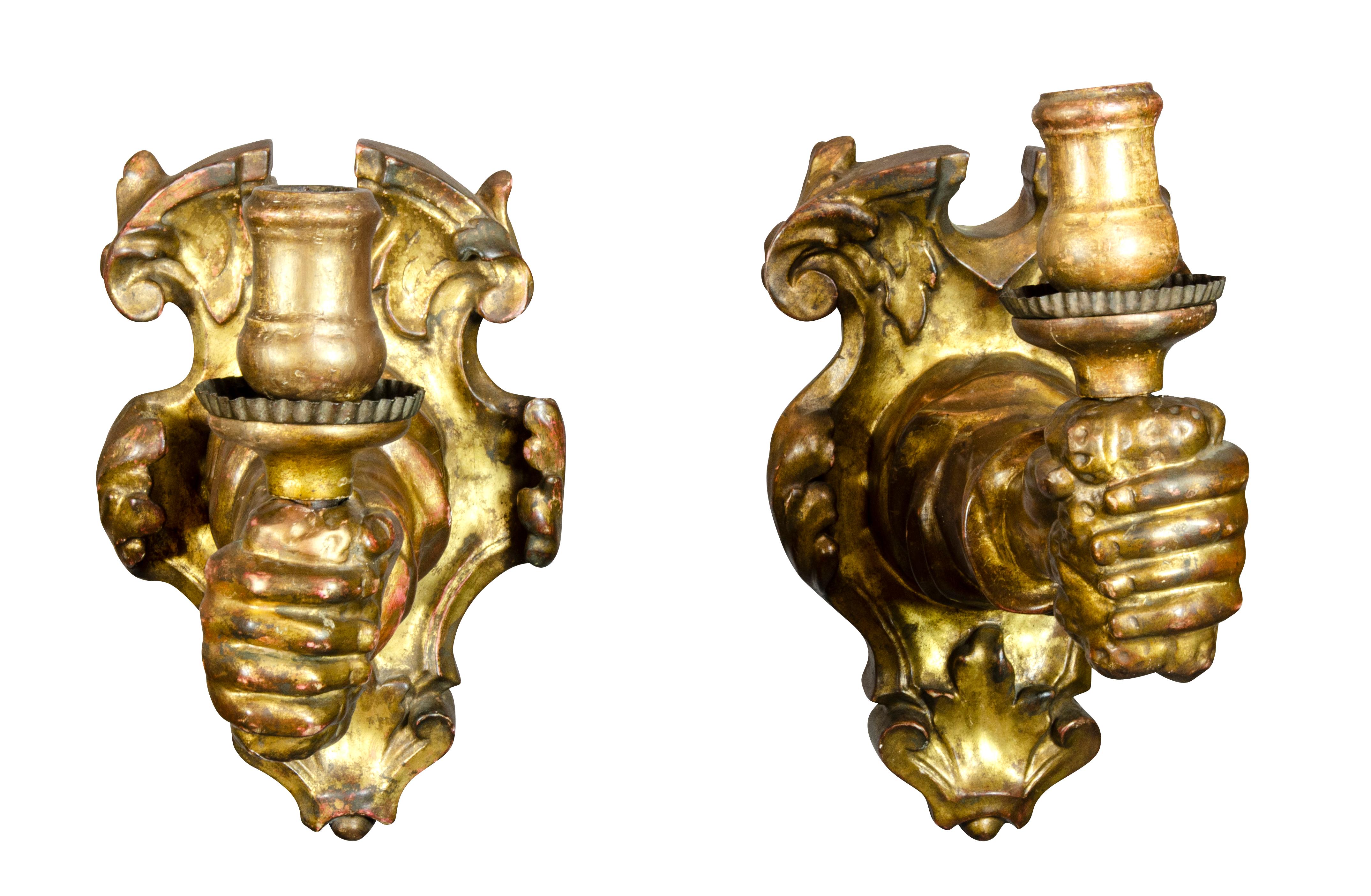 Pair of Italian Baroque Giltwood Arm-Form Wall Lights For Sale 11