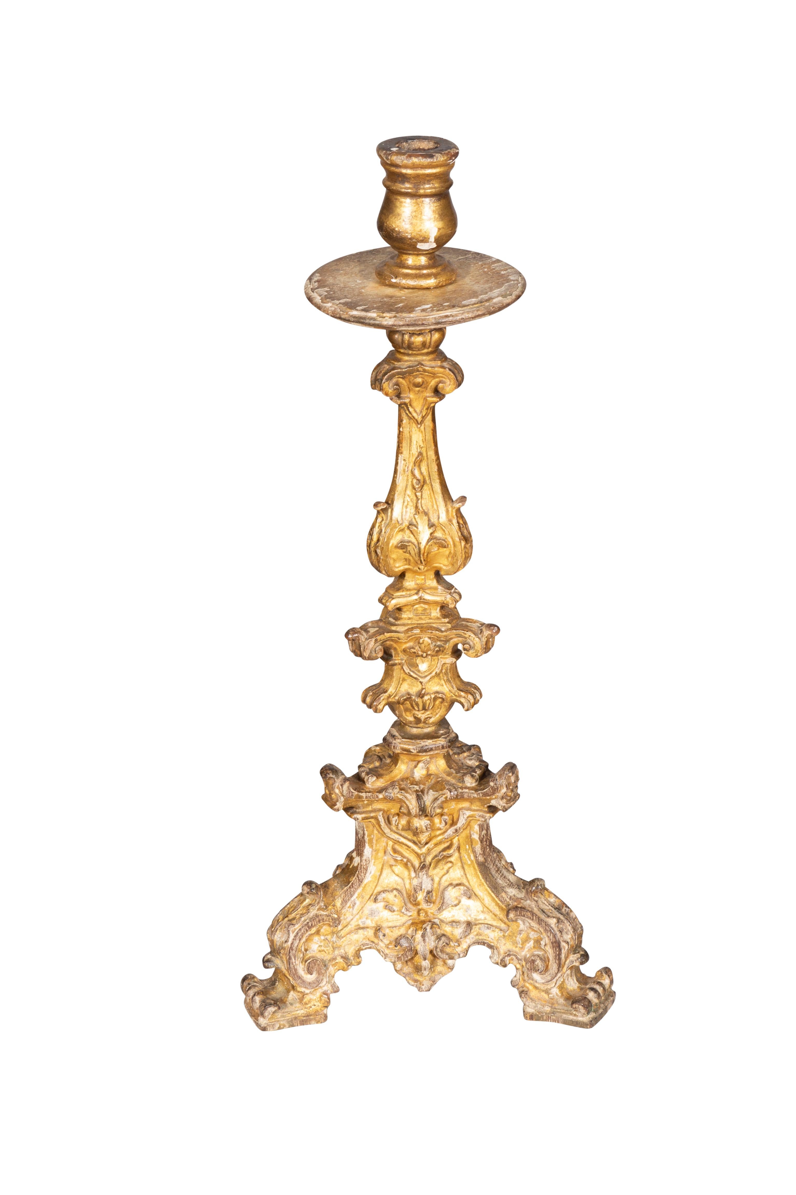 Pair Of Italian Baroque Giltwood Candlesticks In Good Condition For Sale In Essex, MA