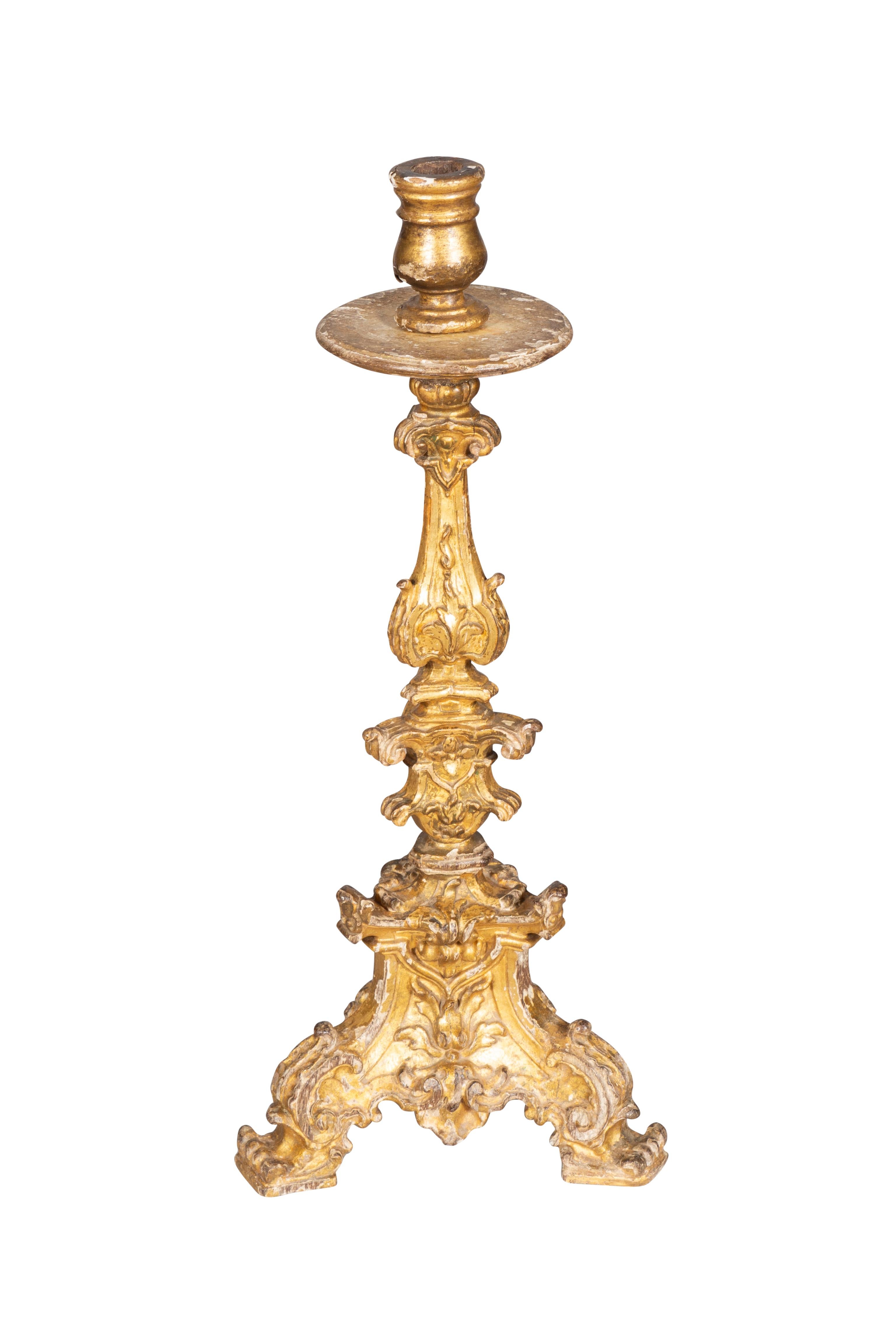 Pair Of Italian Baroque Giltwood Candlesticks For Sale 1