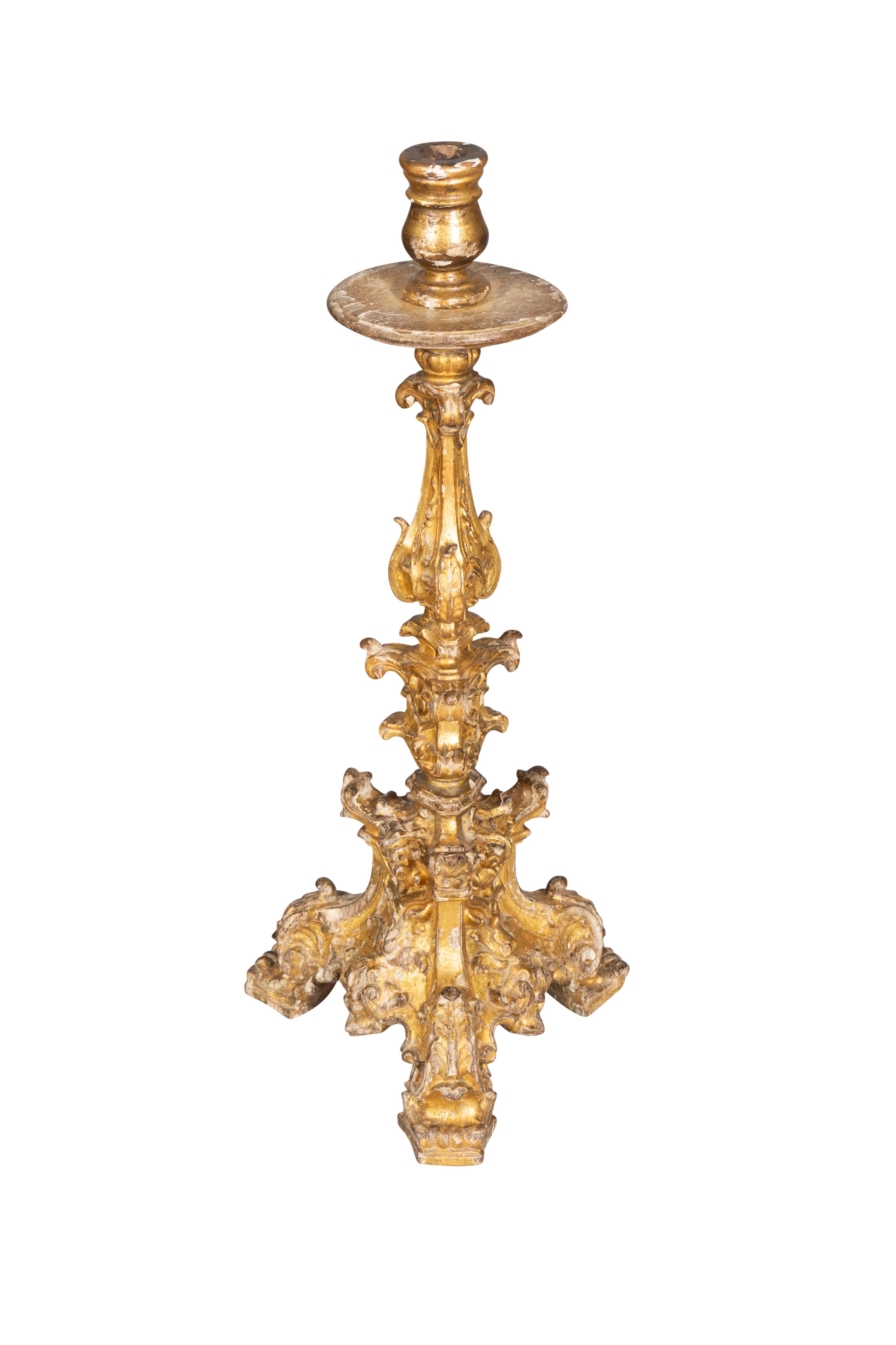 Pair Of Italian Baroque Giltwood Candlesticks For Sale 2