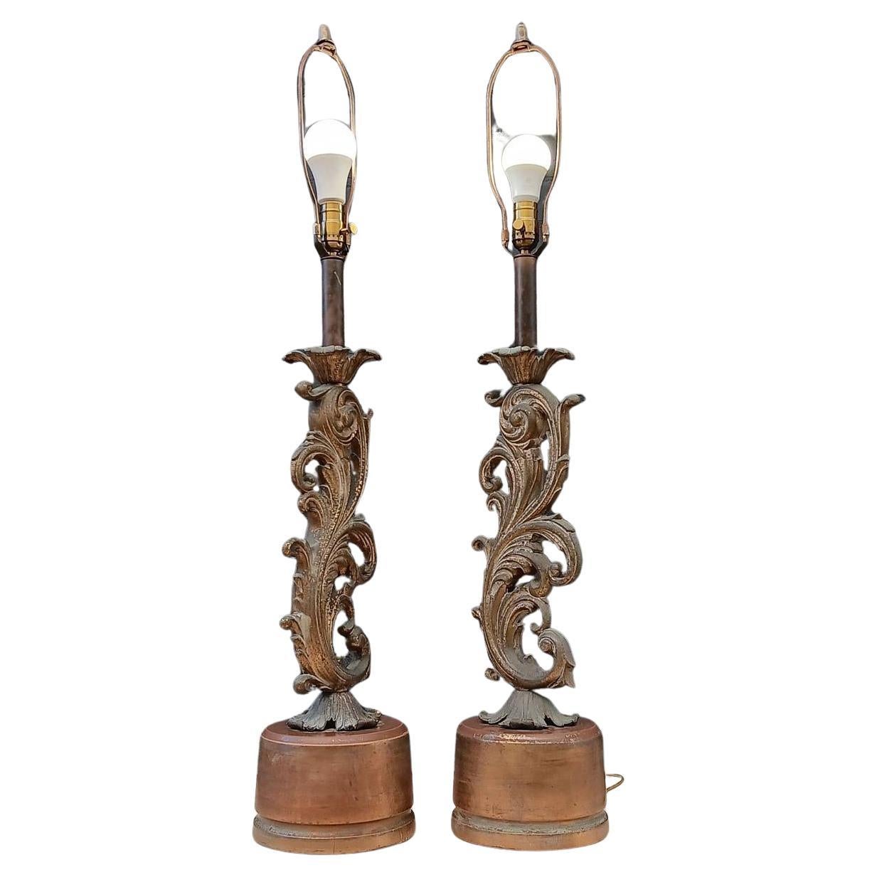 Pair of Italian Baroque Patinated Brass Table Lamps For Sale