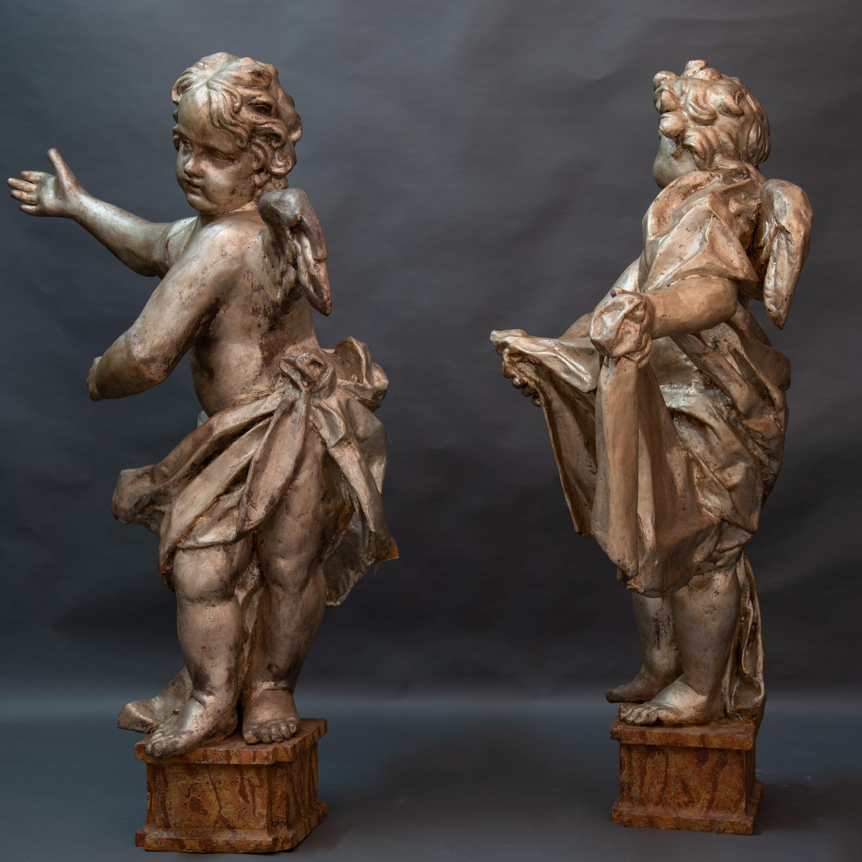 Lacquered Pair of Italian Baroque Sculptures Period Papier Mâché Angels
